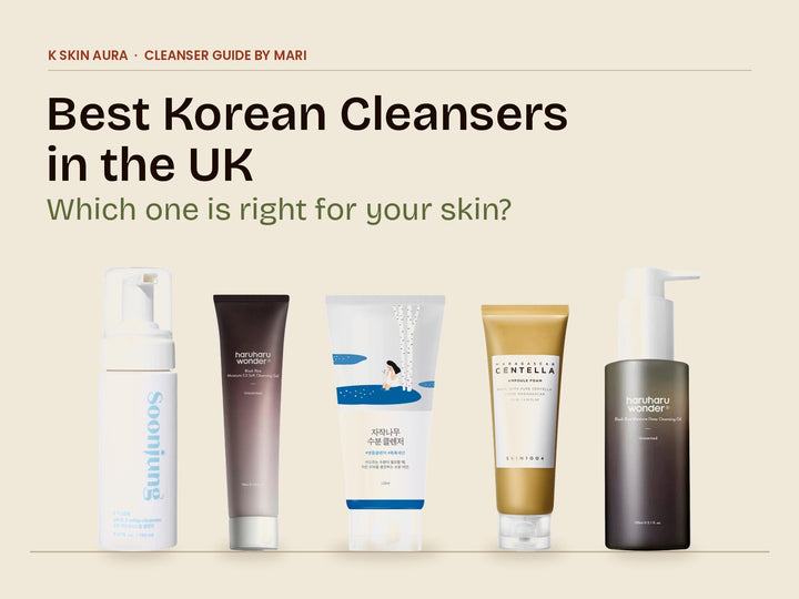 K Skin Aura cover: Best Korean Cleansers in the UK, which one is right for your skin? Five cleansers from the guide on a shelf.