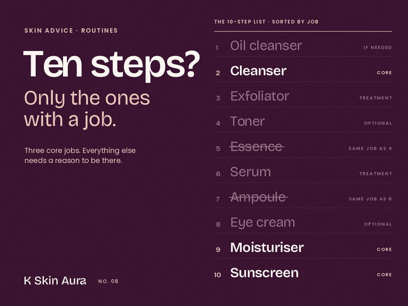 Ten steps? Only the ones with a job. The ten-step routine sorted by job, with cleanser, moisturiser and sunscreen marked core.