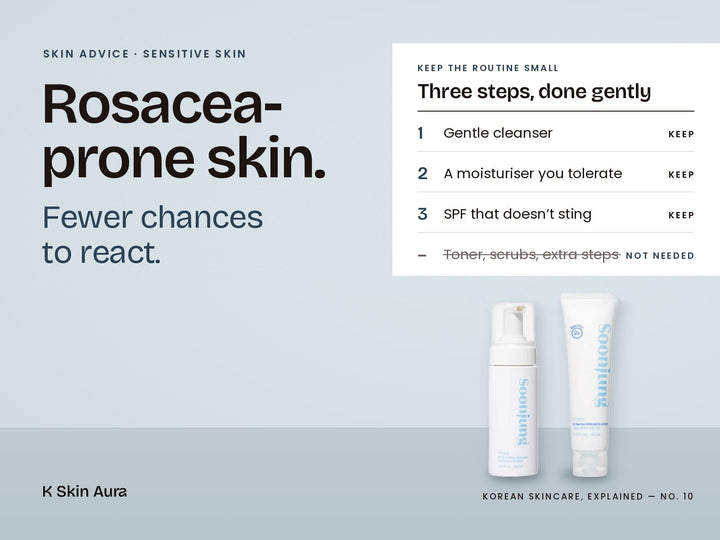 Rosacea-prone skin. Fewer chances to react. Keep the routine small: gentle cleanser, a moisturiser you tolerate, SPF that doesn't sting. Etude SoonJung cleanser and cream.