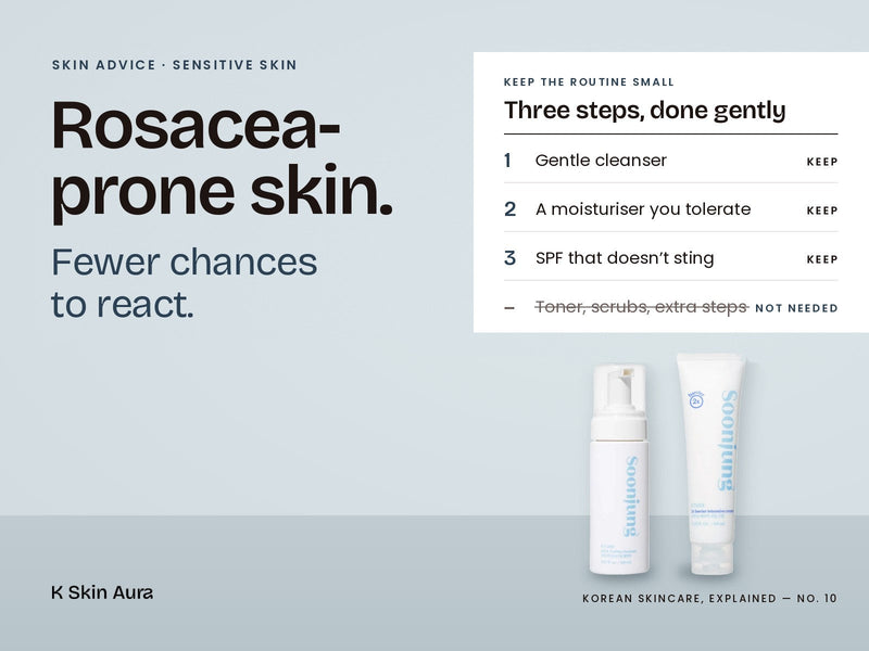 Rosacea-prone skin. Fewer chances to react. Keep the routine small: gentle cleanser, a moisturiser you tolerate, SPF that doesn't sting. Etude SoonJung cleanser and cream.