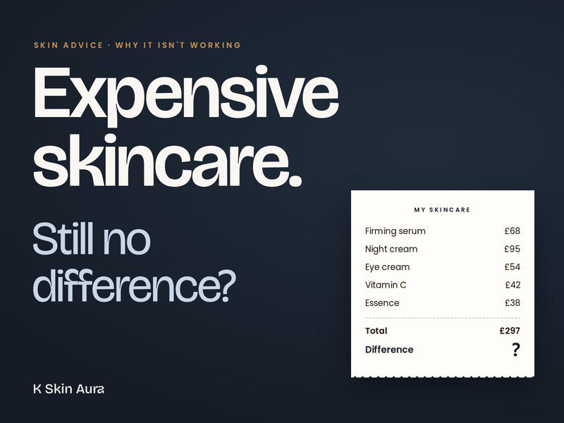 Expensive skincare. Still no difference? Beside a receipt for five skincare products totalling £297, with the difference marked as a question mark