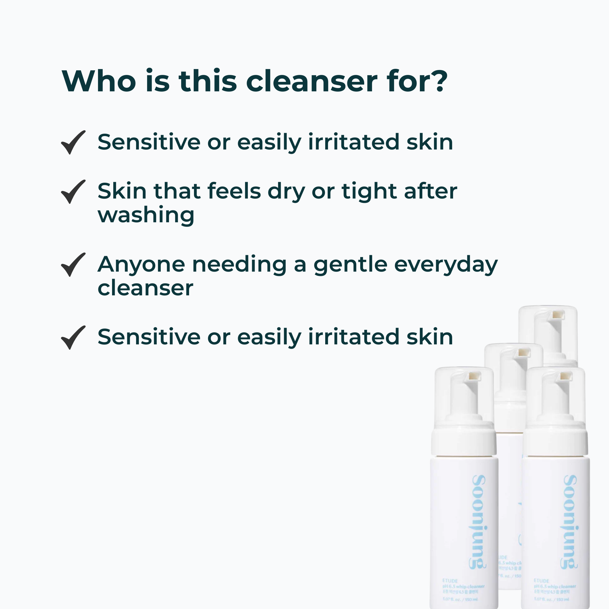 Soojin skincare products with text on who the cleanser is for.