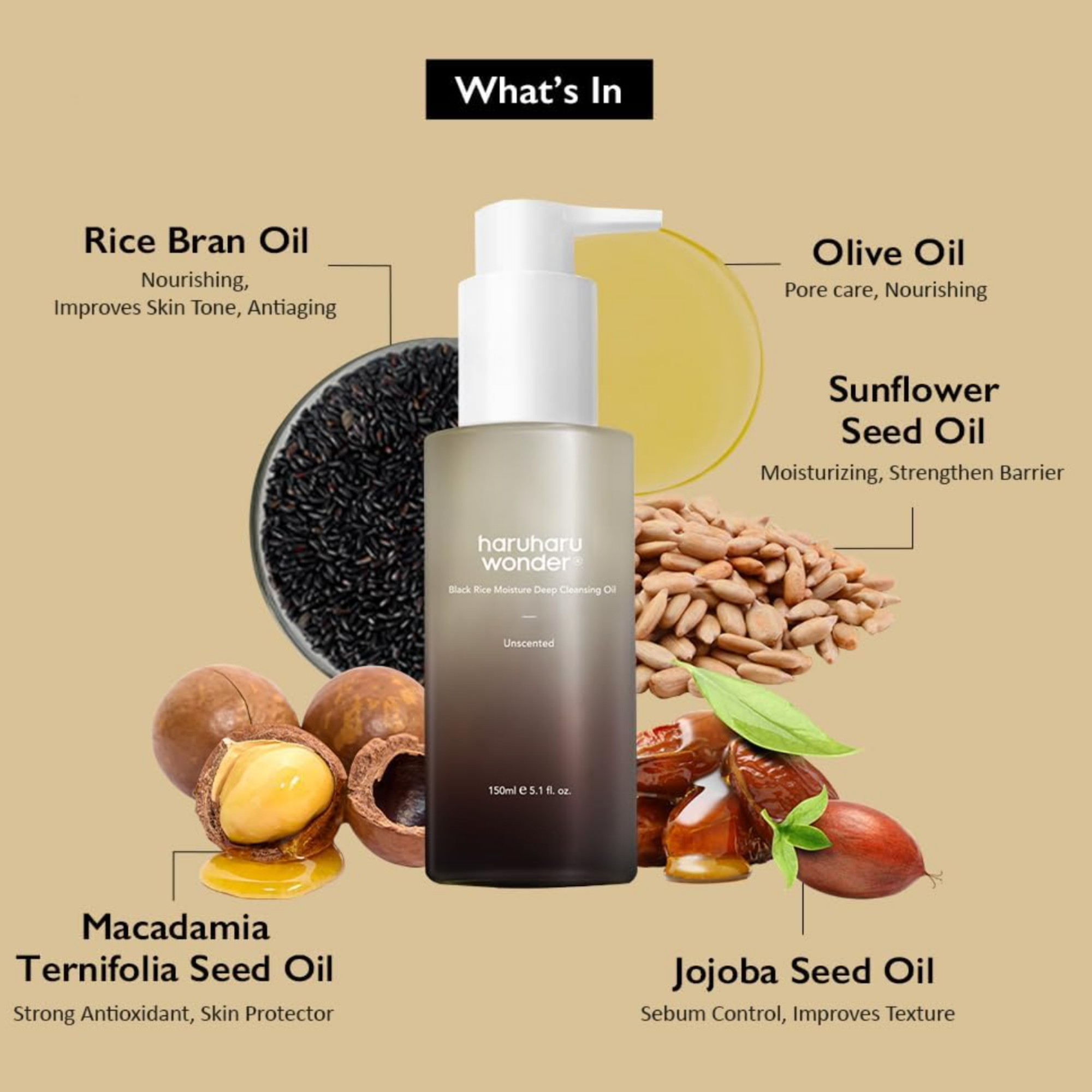 Skincare product with ingredients like rice bran oil, olive oil, sunflower seed oil, macadamia seed oil, and jojoba seed oil displayed on a beige background.