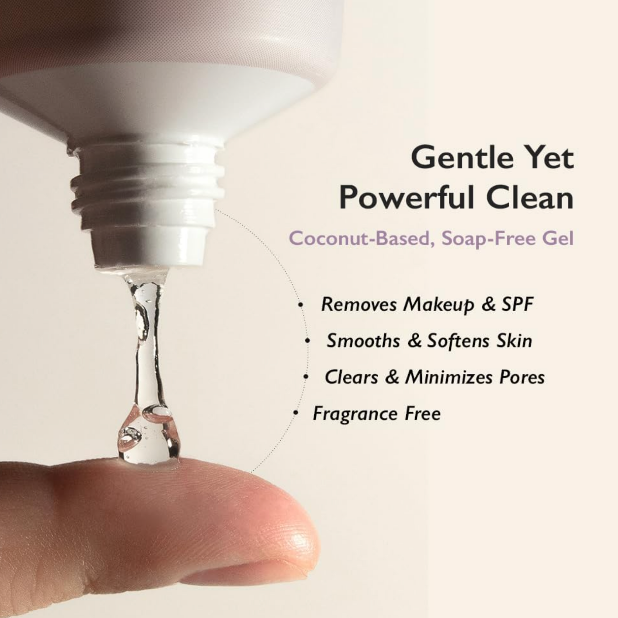 Coconut-based, soap-free gel being dispensed from a bottle onto a finger with text highlighting its benefits.