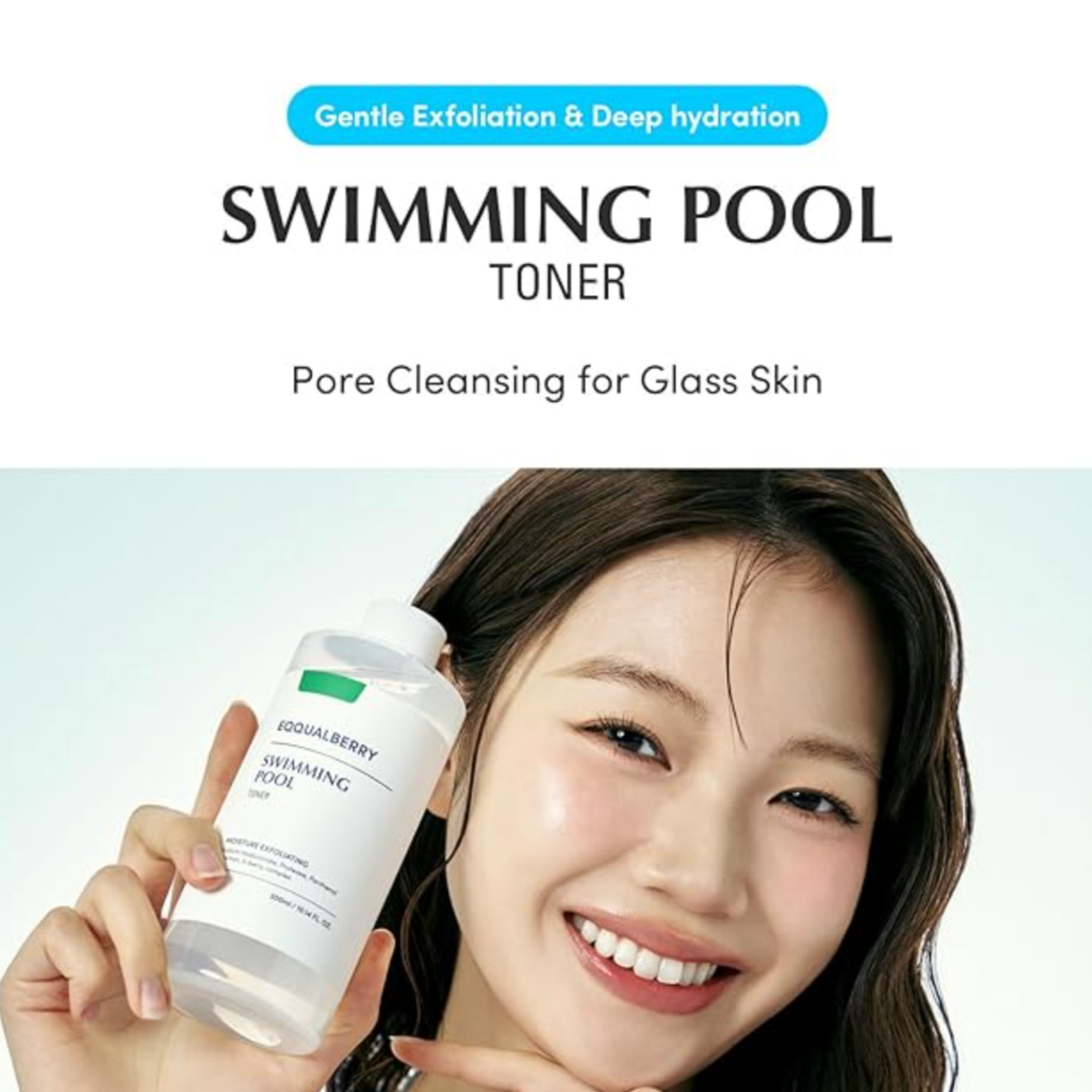 Person holding a skincare product with text about toner and skin care benefits on a light blue background