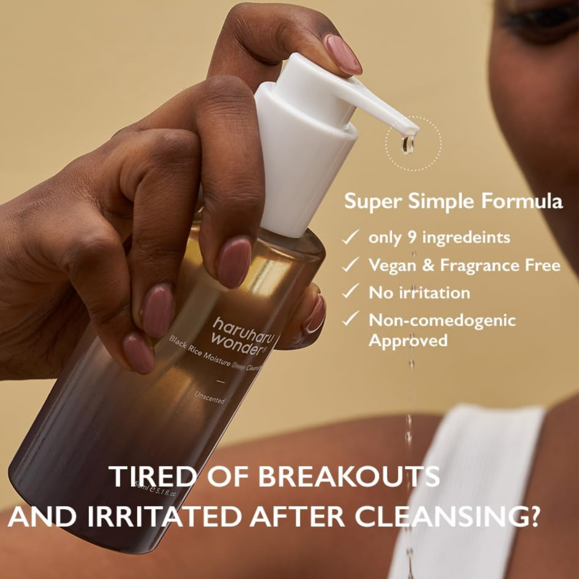 Hand holding a bottle of 'haruharu wonder' skincare product with text about its features and benefits.