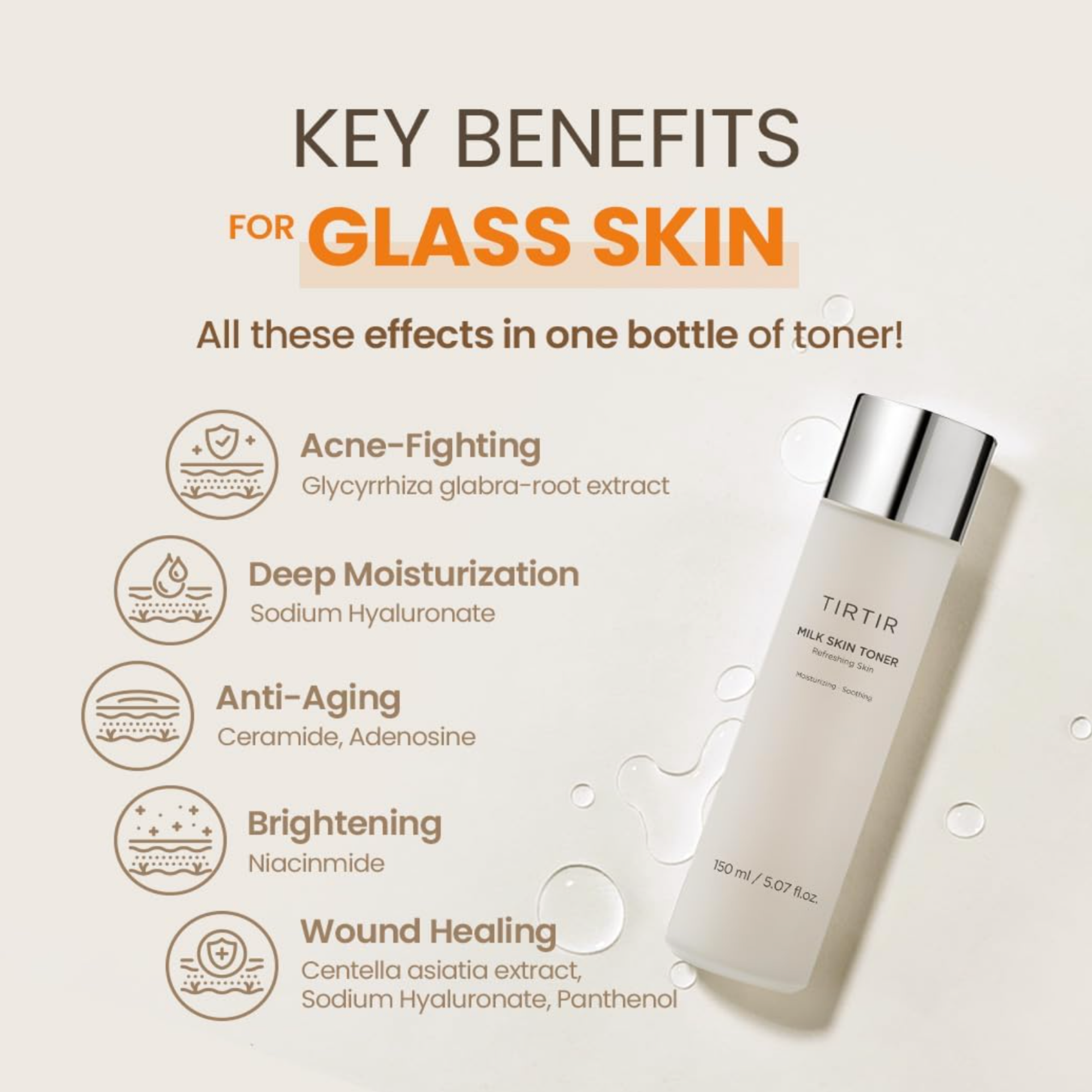 Toner bottle with key benefits for glass skin on a beige background