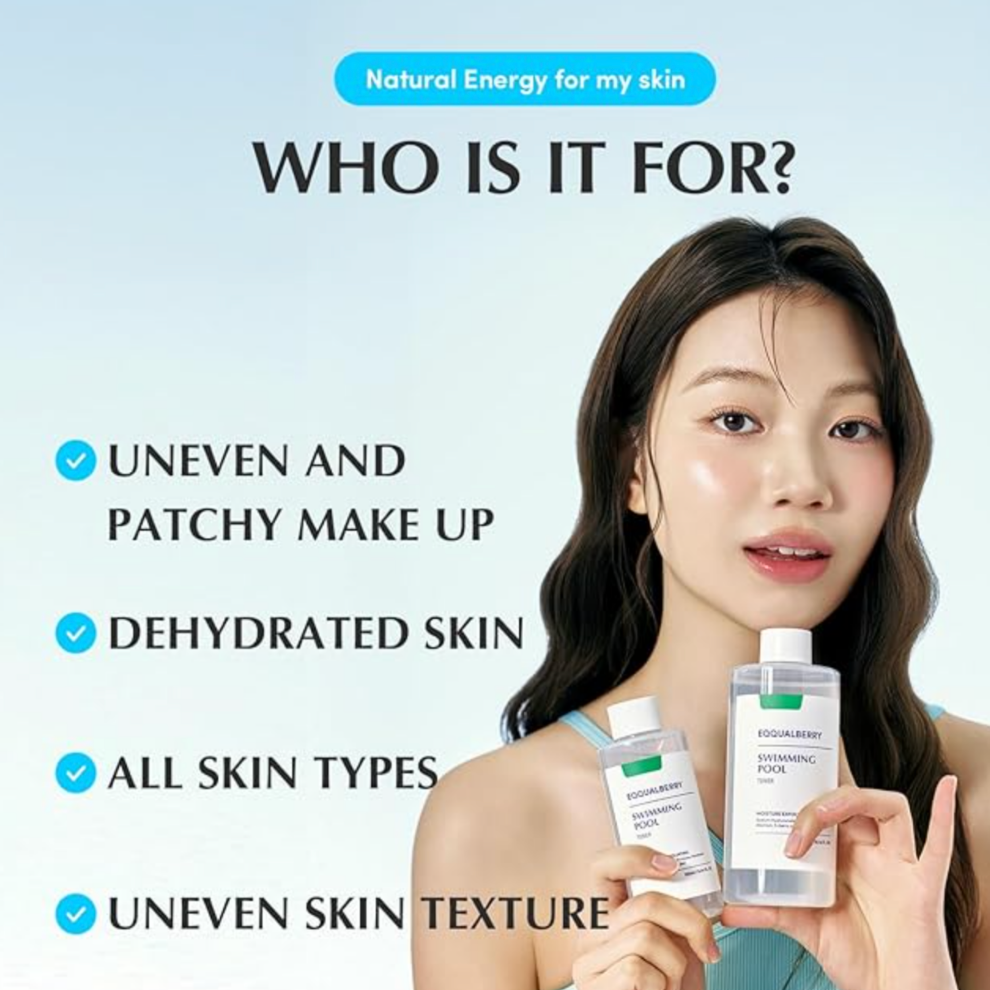 Woman holding skincare products with text about skin issues and product use.