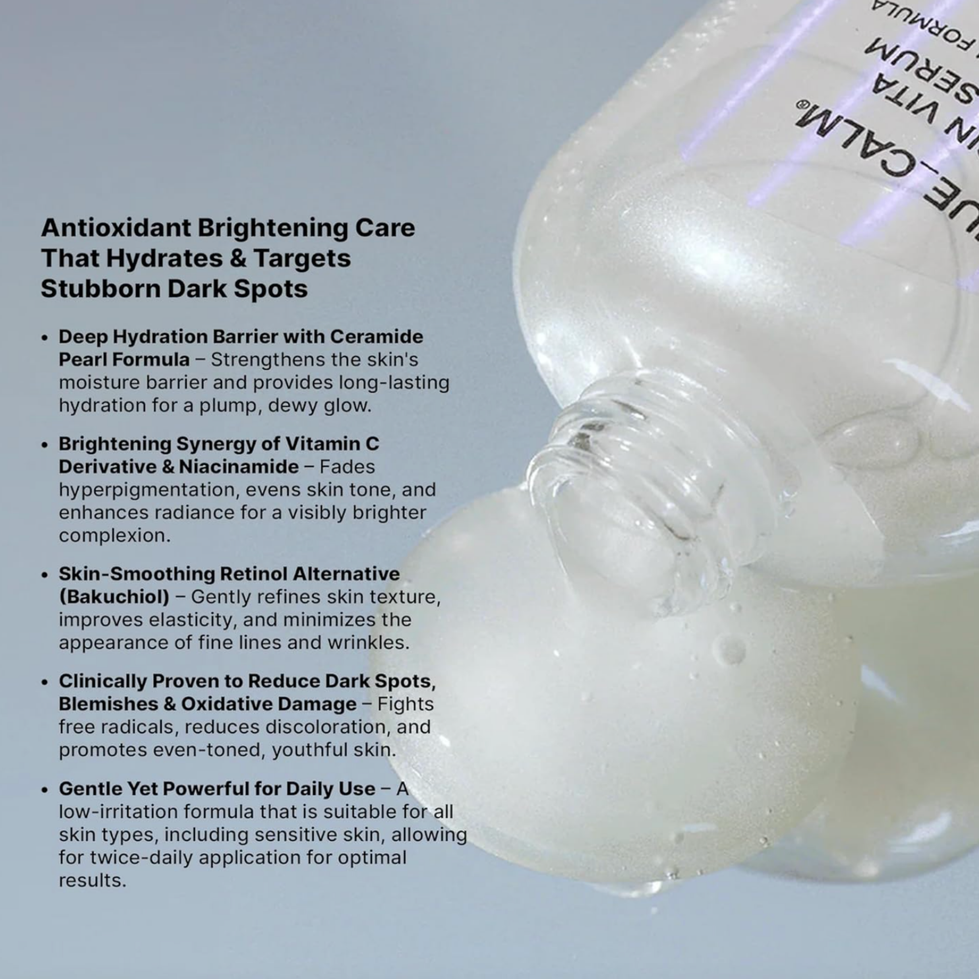 Hue Calm snow serum bottle with product description text on a gray background