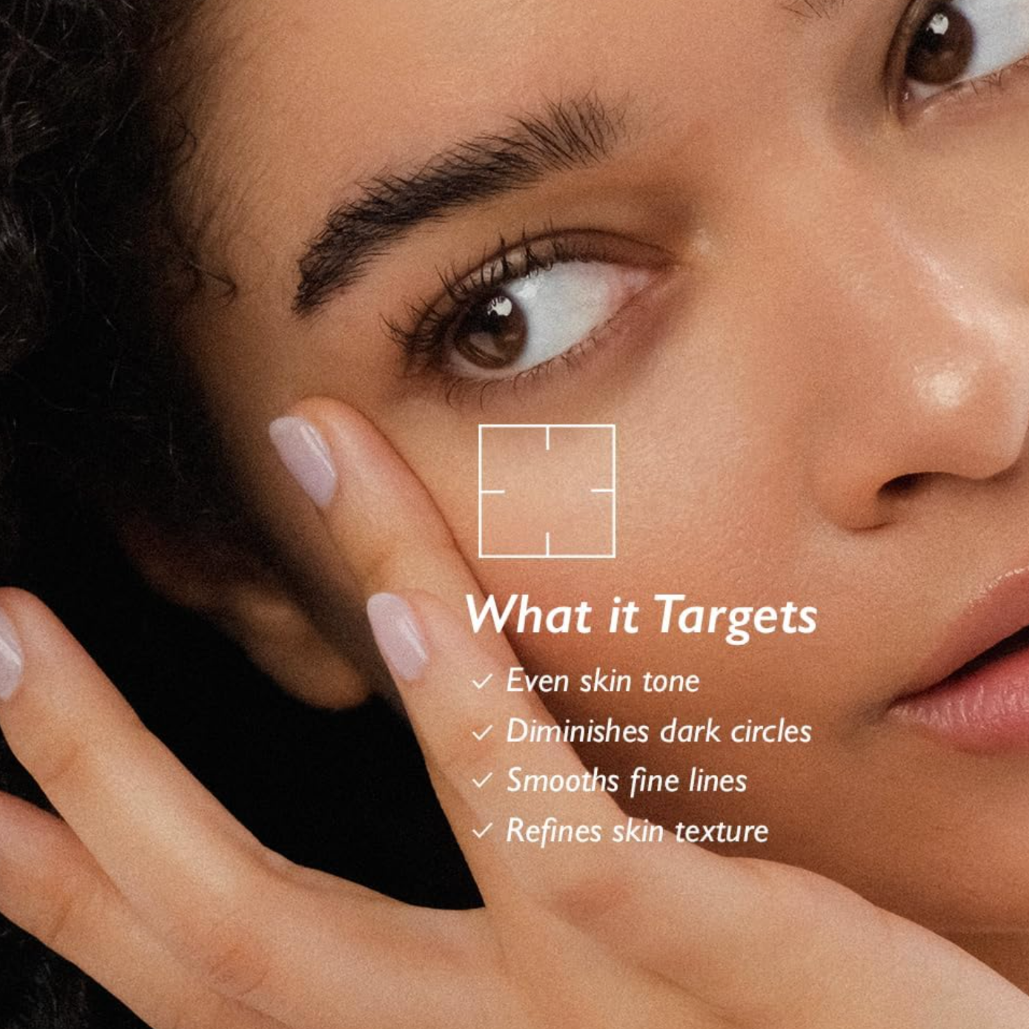 Haruhary wonder eye cream Close-up of a woman's face with text highlighting skincare benefits