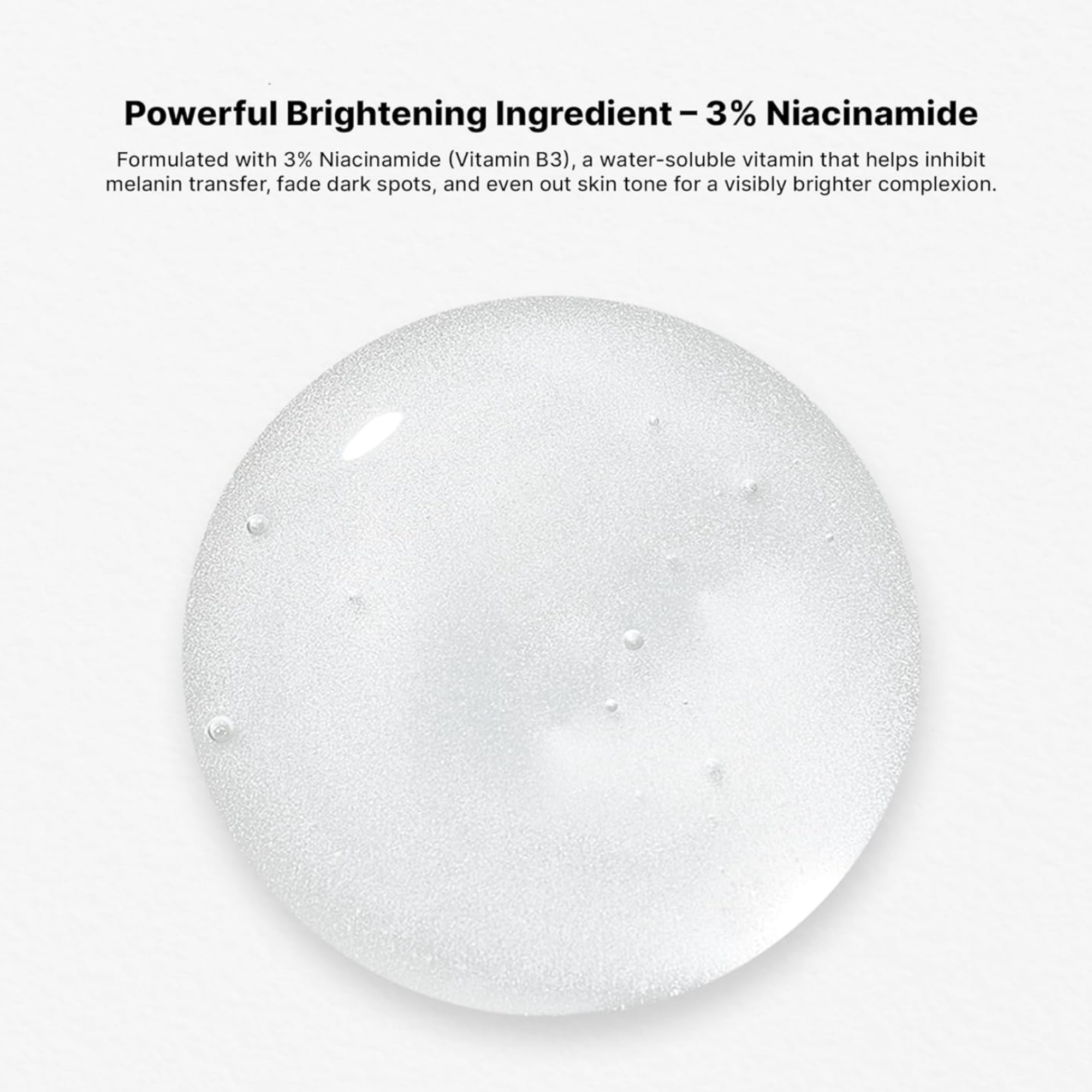 Clear gel-like substance with text about niacinamide on a white background Hue Calm prodcut