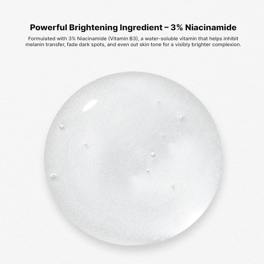 Clear gel-like substance with text about niacinamide on a white background Hue Calm prodcut