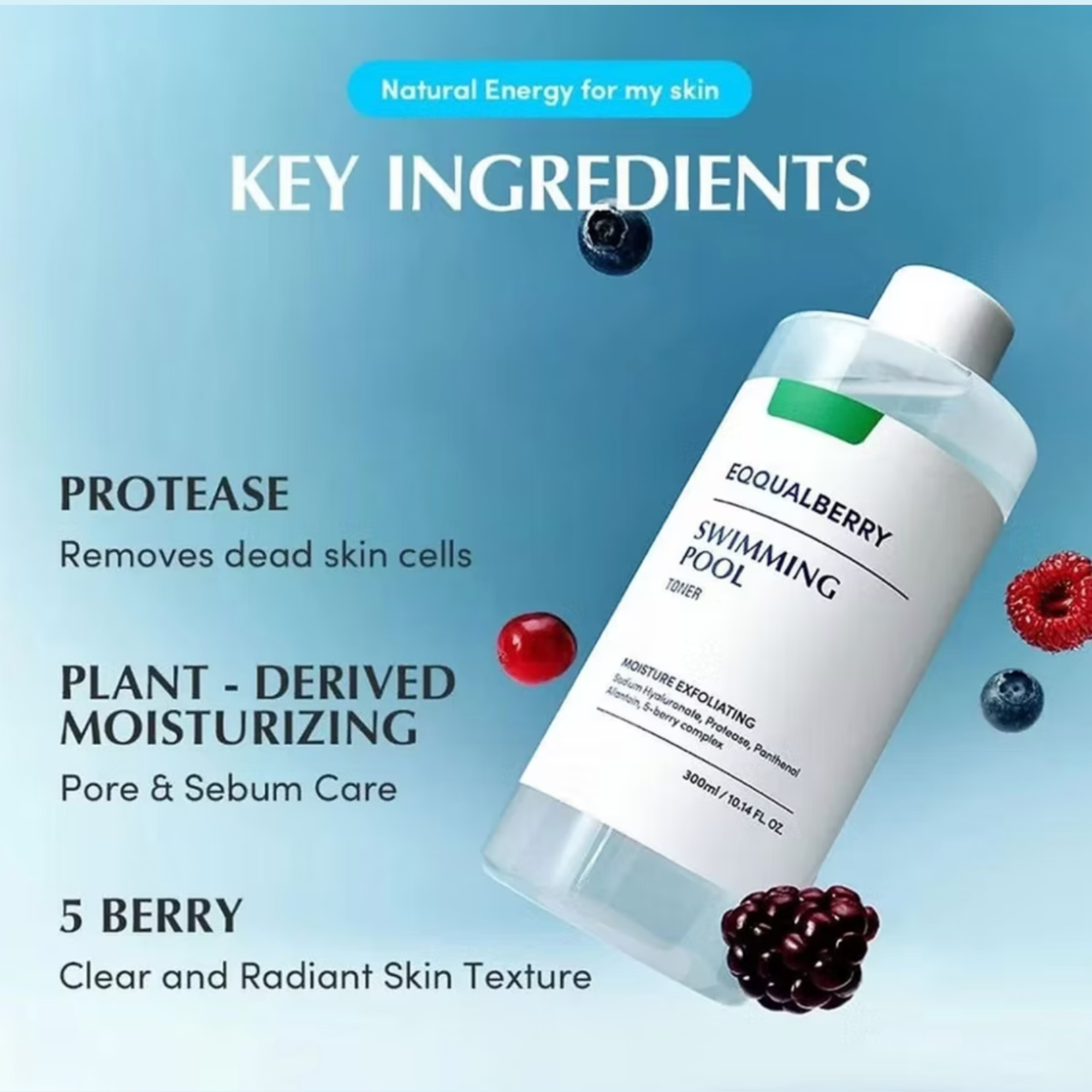 Skincare product with key ingredients listed on a blue background