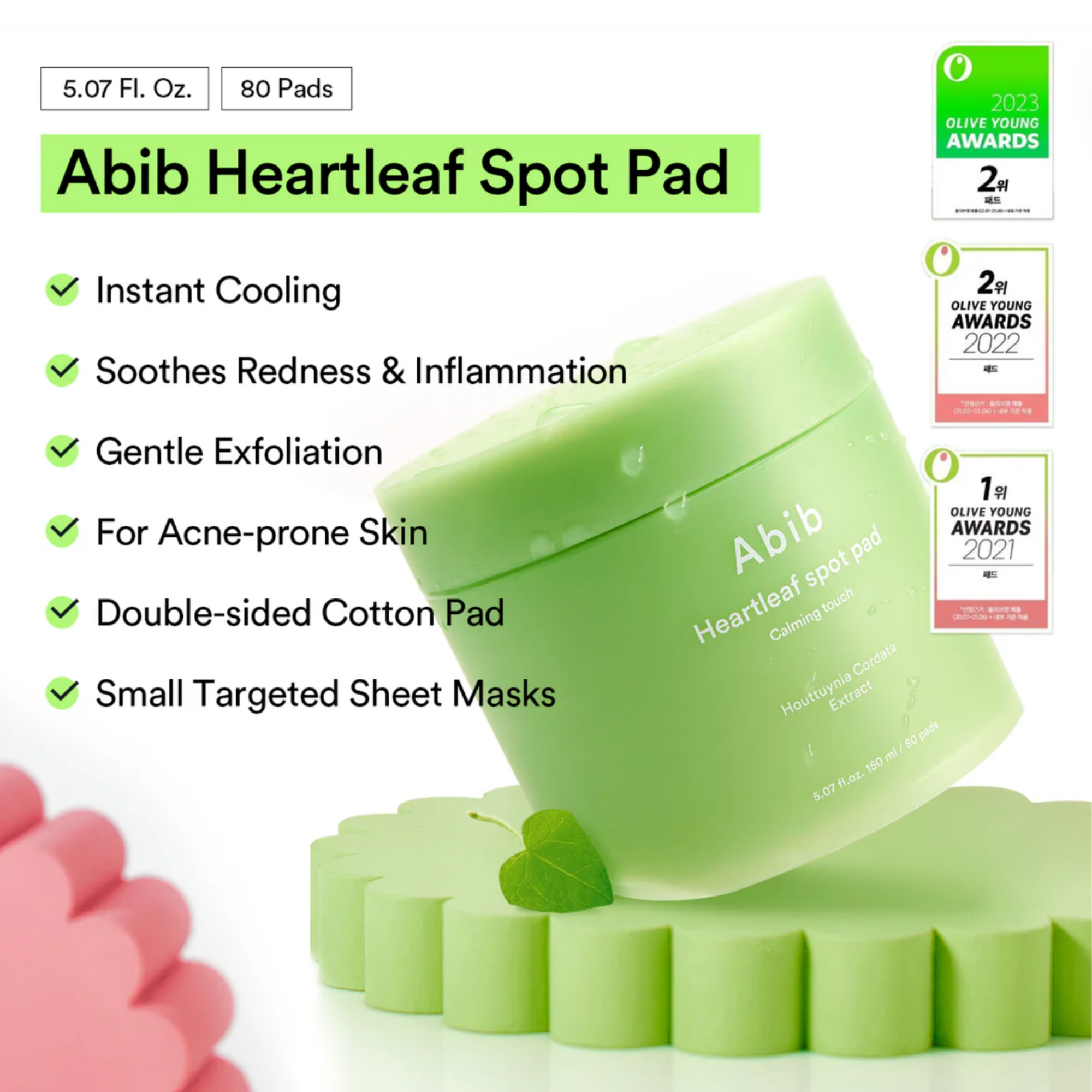 Abib Heartleaf Spot Pad packaging with product features and awards on a white background