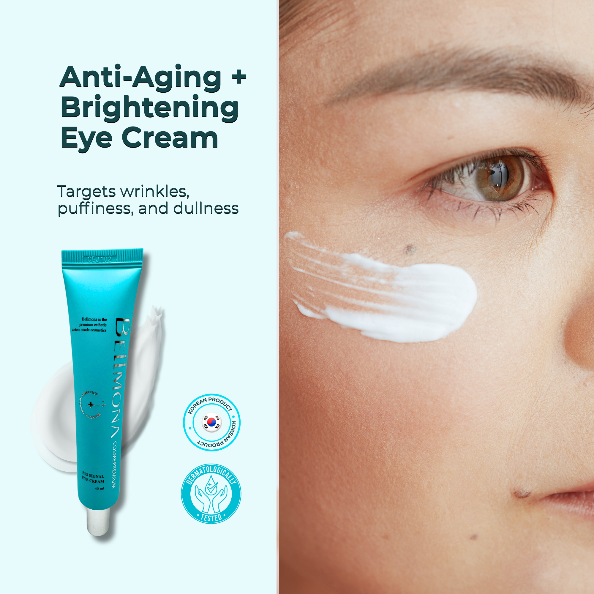 Anti-aging eye cream with a close-up of a person applying it to their eye area.