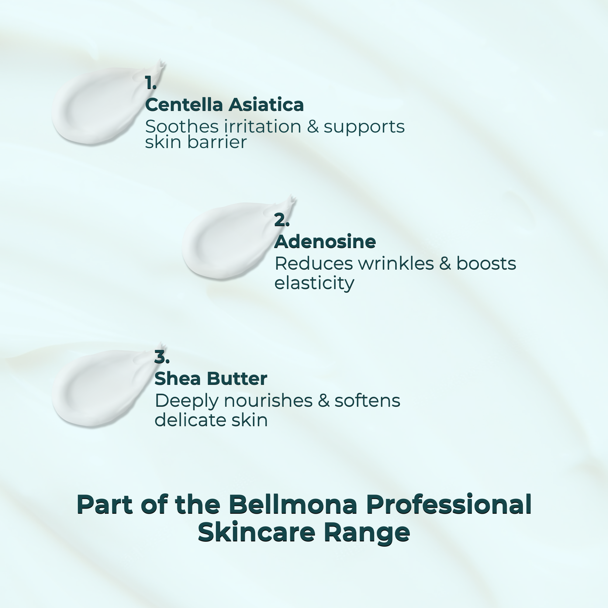 Bellmona Professional Skincare Range ingredients with droplets on a light background