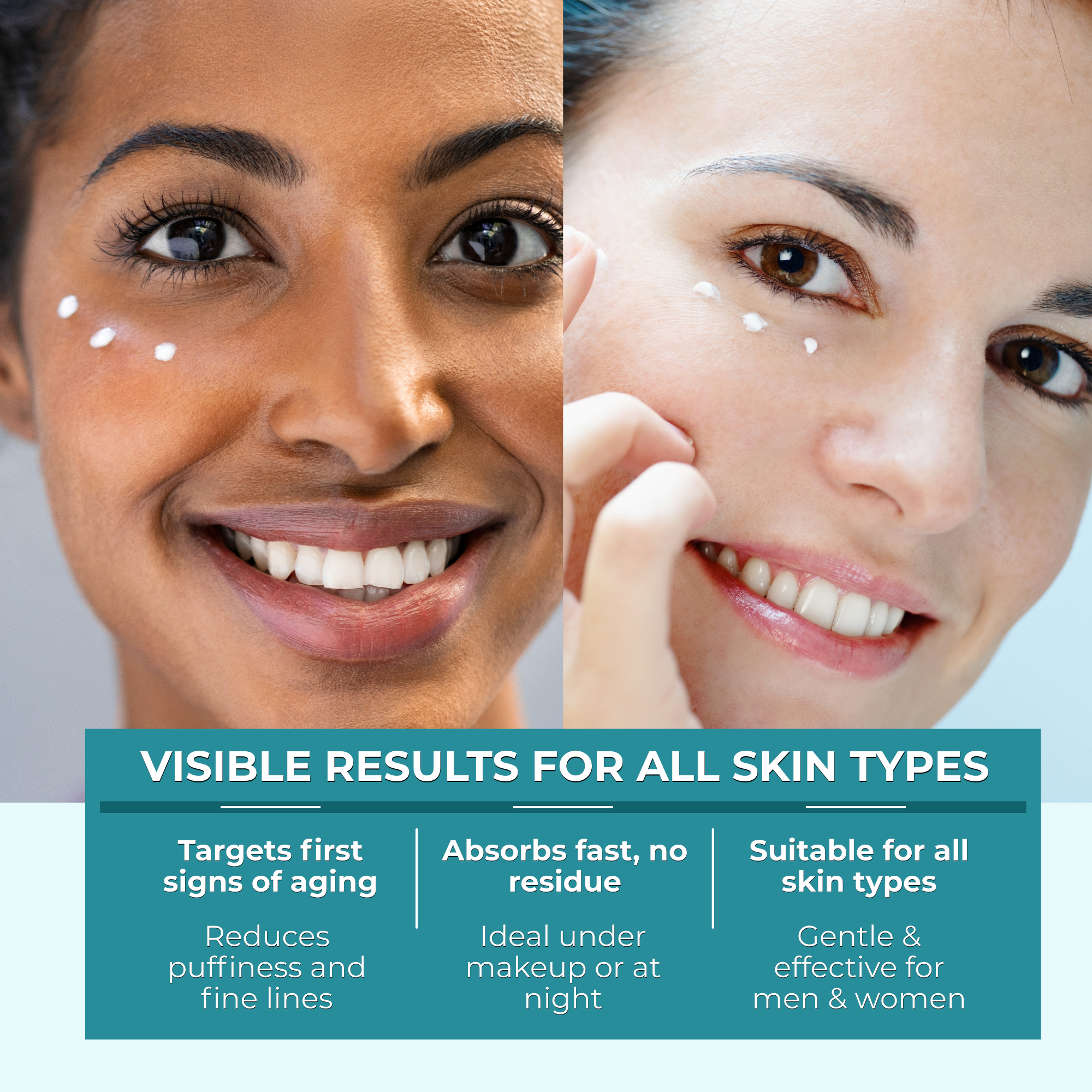 Two women with skincare product on their faces and text about product benefits.