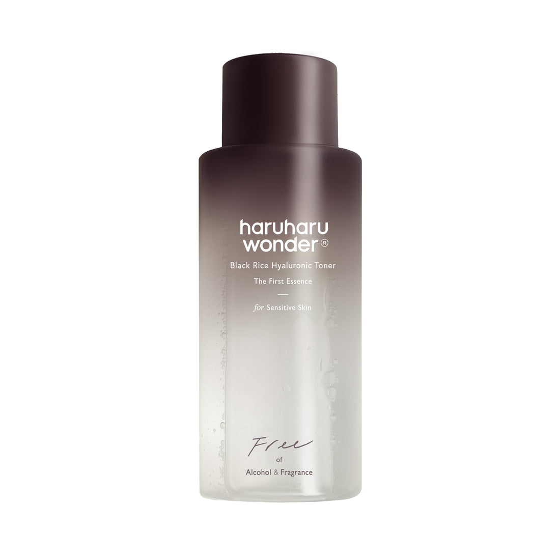 Haruharu Wonder Black Rice Hyaluronic Toner for Sensitive Skin 150ml, brown-to-clear bottle marked Free of Alcohol & Fragrance, front
