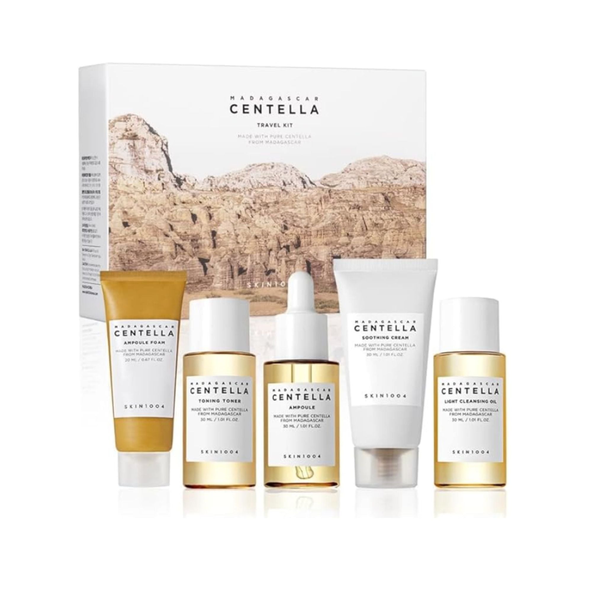 Skincare product set with 'Madagascar Centella' packaging on a white background