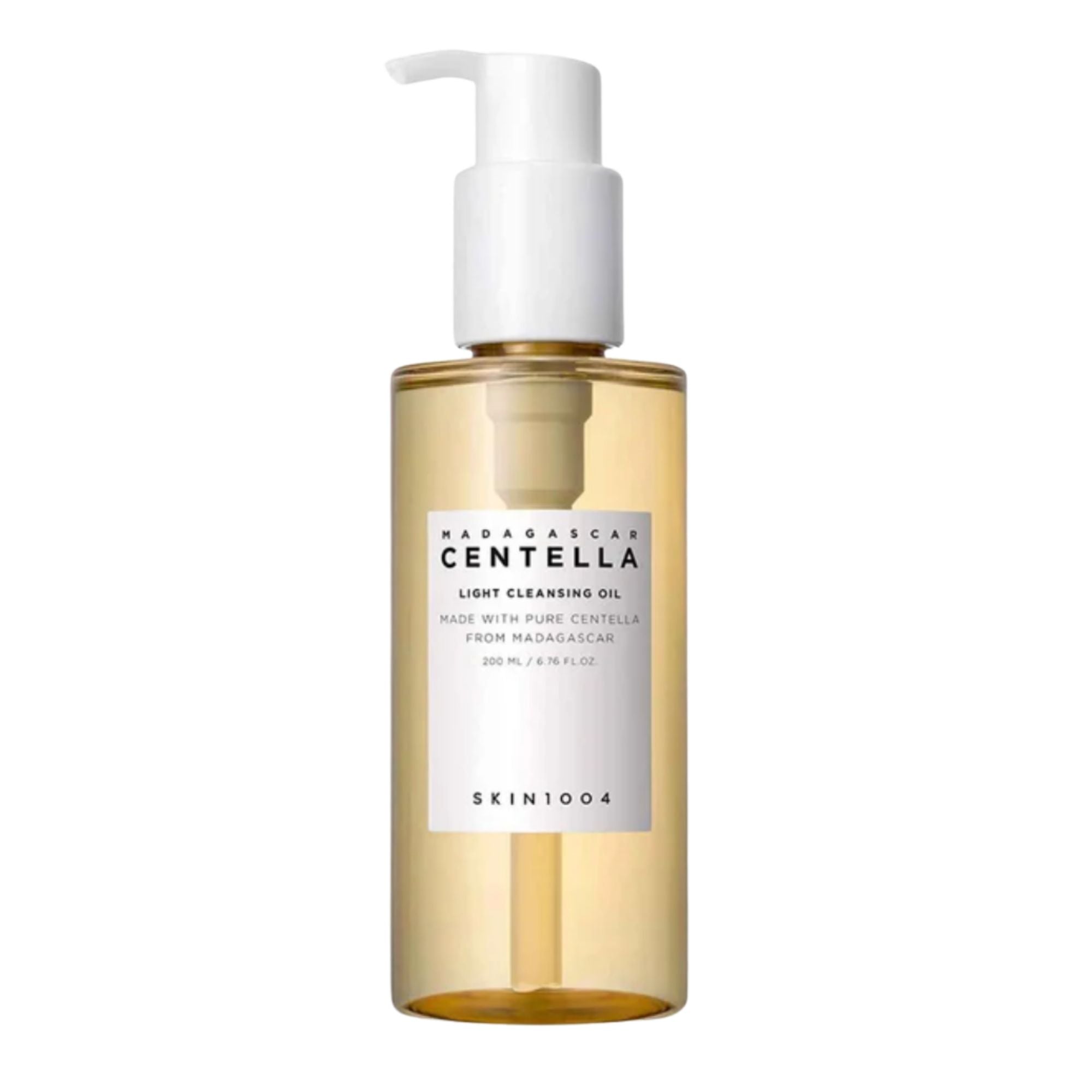 Bottle of Madagascan Centella cleansing oil with a pump on a white background