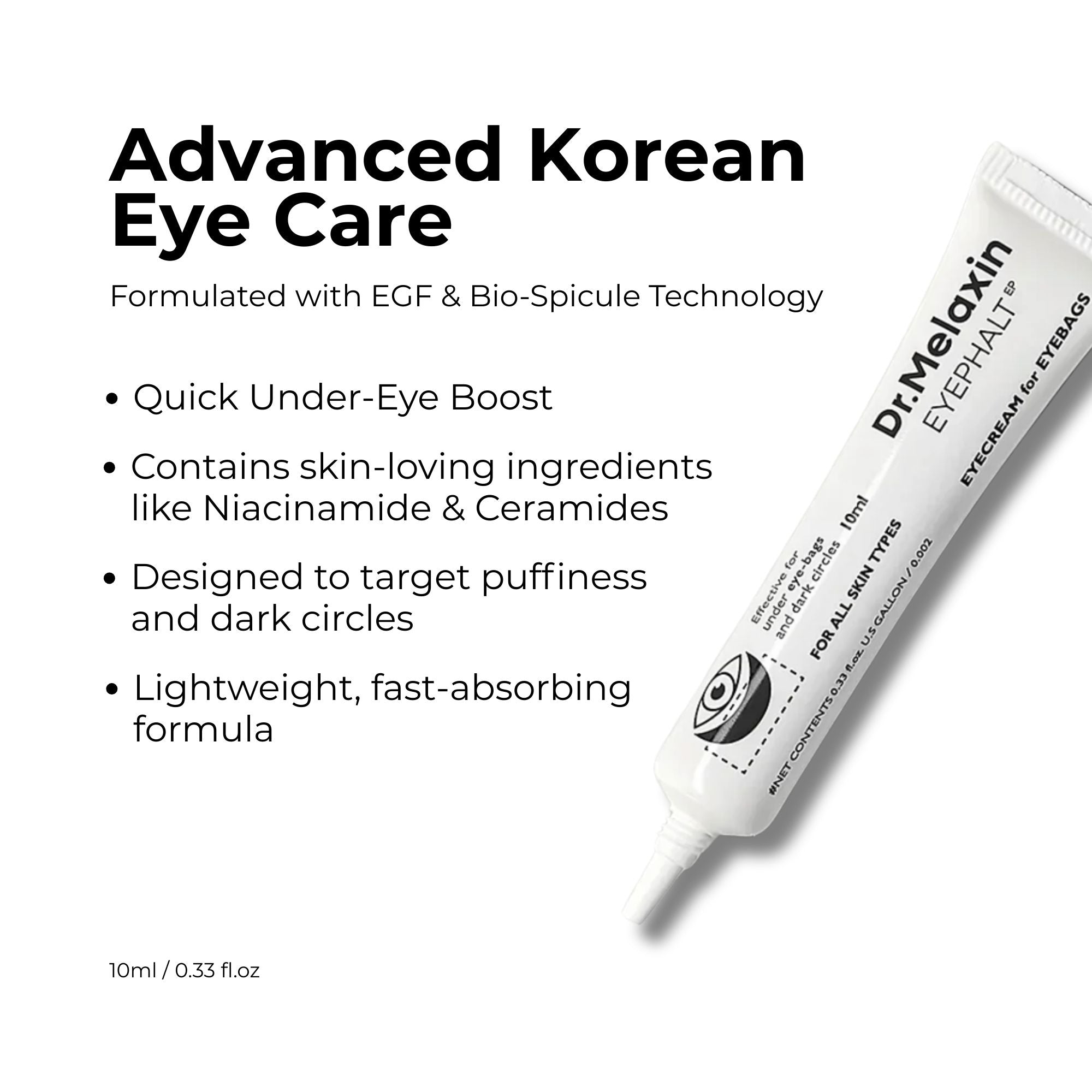 Dr. Melaxin eye cream tube with product details on a white background
