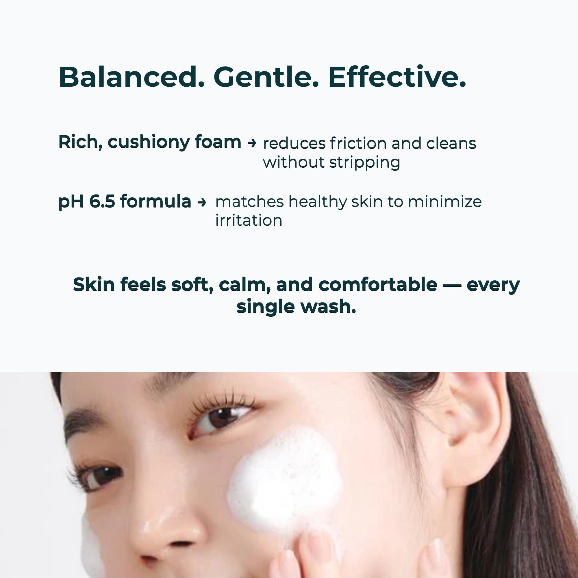 Product description with text about a facial cleanser and a person applying it.