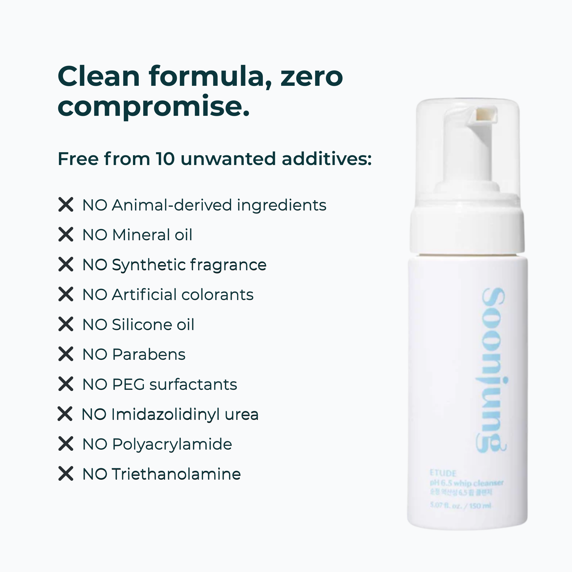 Etude Foam cleanser bottle with branding on a white background, featuring a list of clean formula attributes.