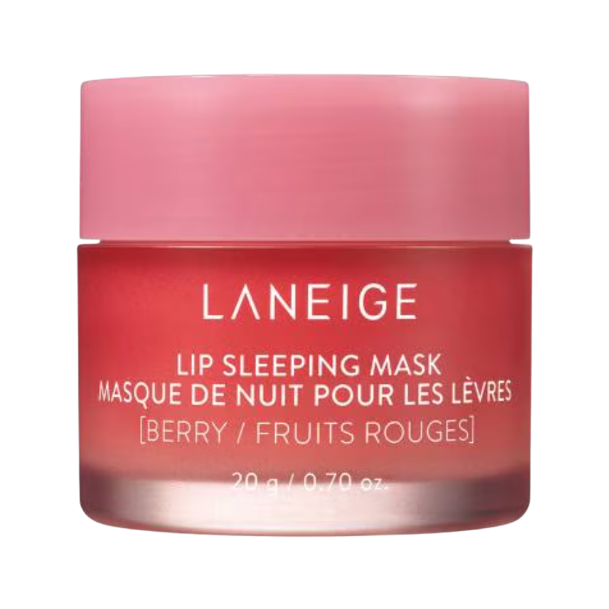 Laneige lip sleeping mask jar with pink lid and red body on a white background
