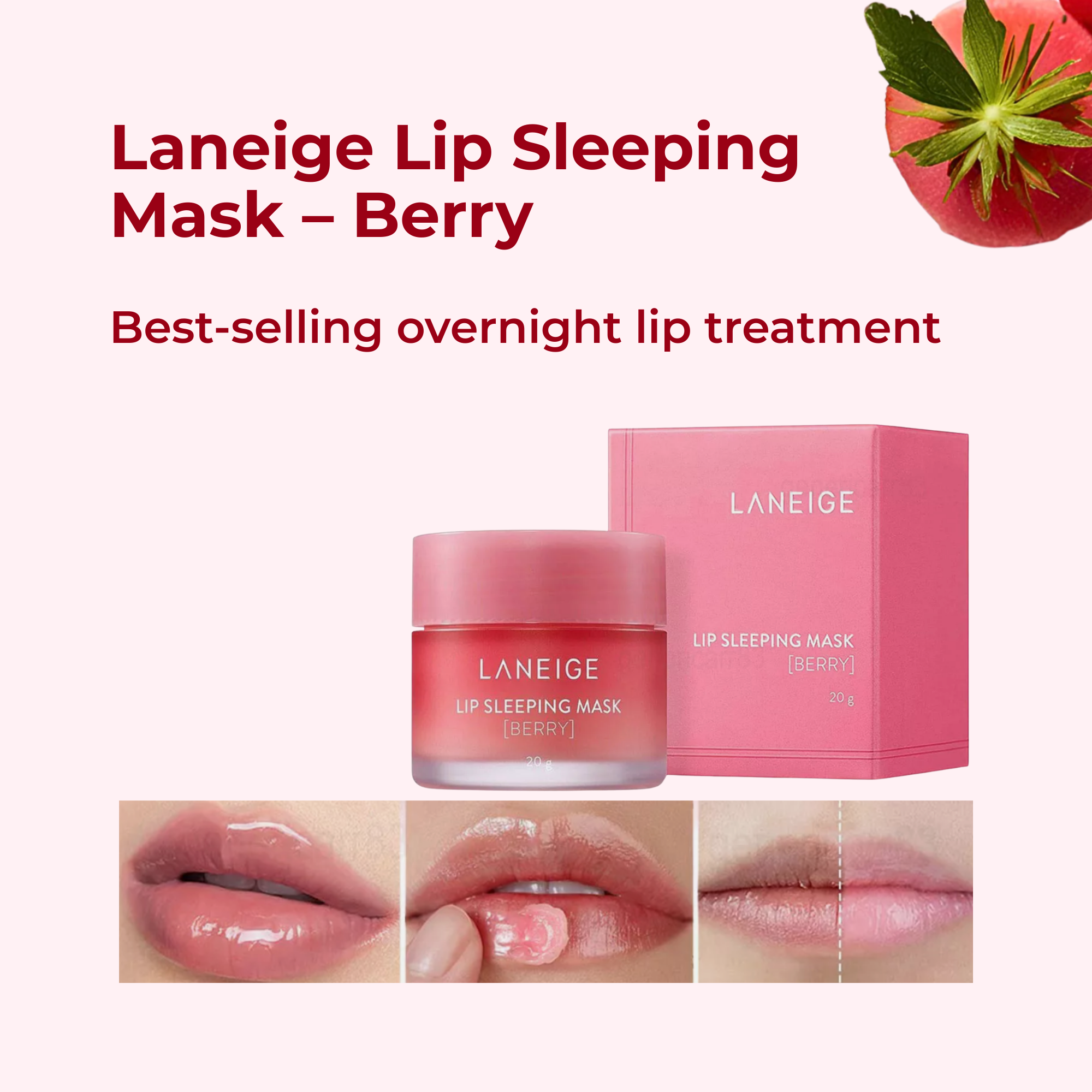 Laneige Lip Sleeping Mask Berry with packaging and before/after effects on lips.