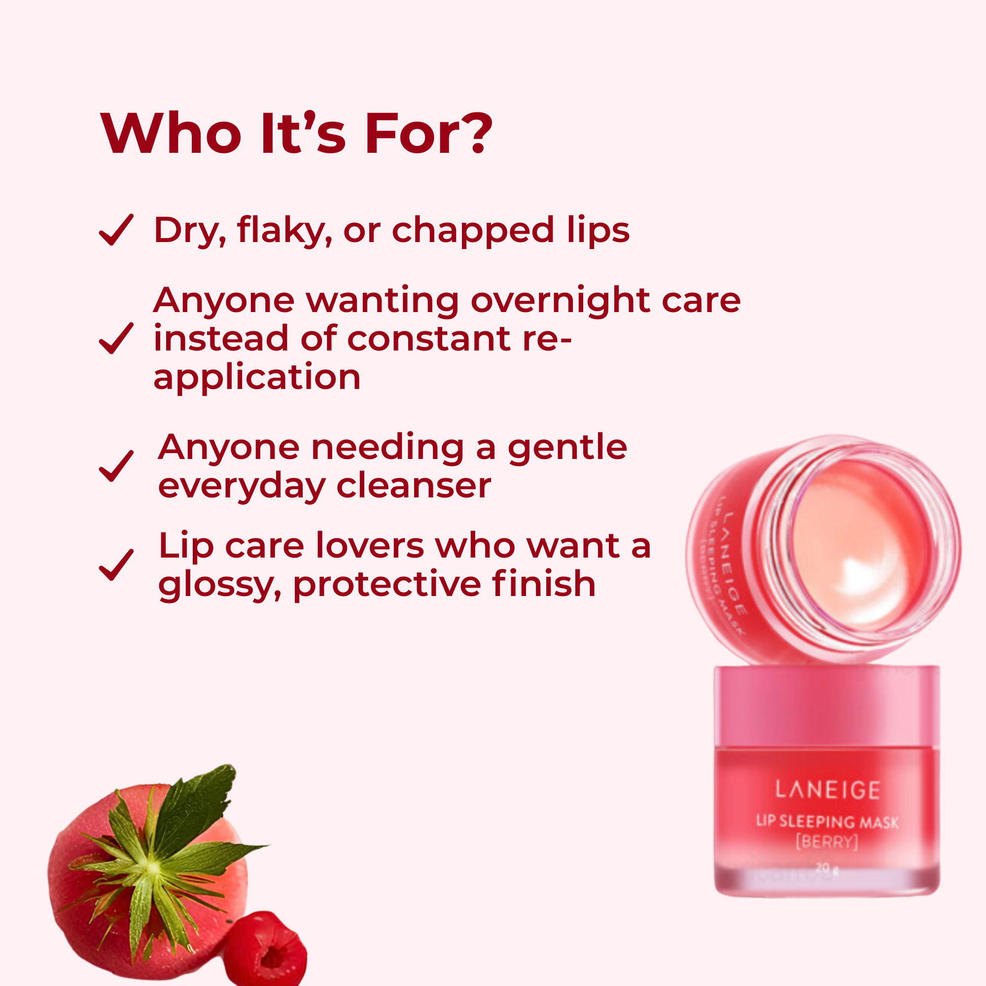 Laneige lip sleeping mask with text on who it's for on a white background