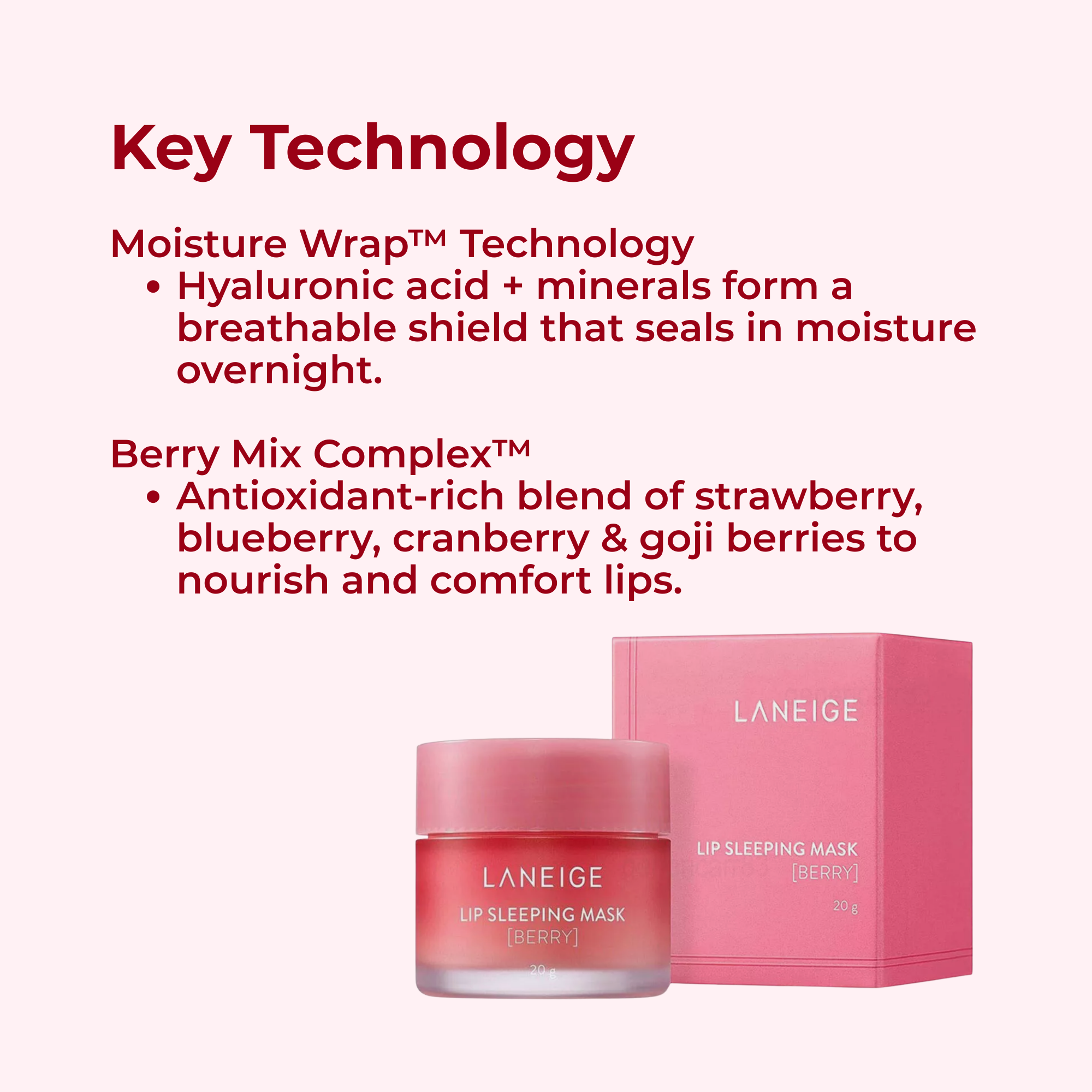 Laneige lip sleeping mask with key technology text on a white background