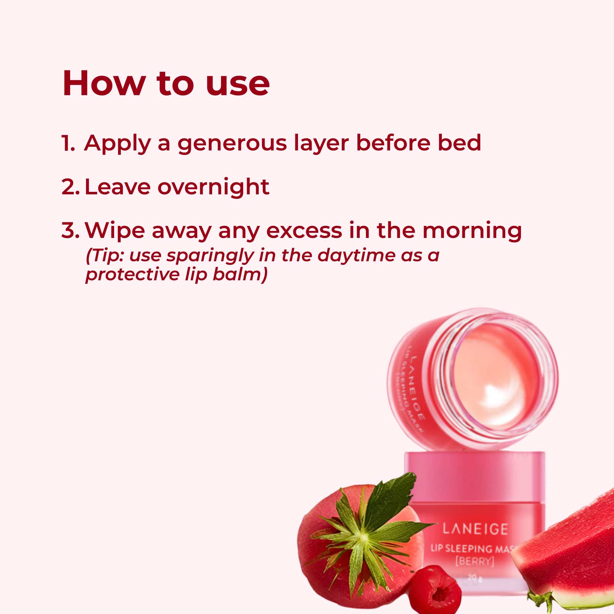 Laneige lip sleeping mask with strawberry and watermelon slices on a white background