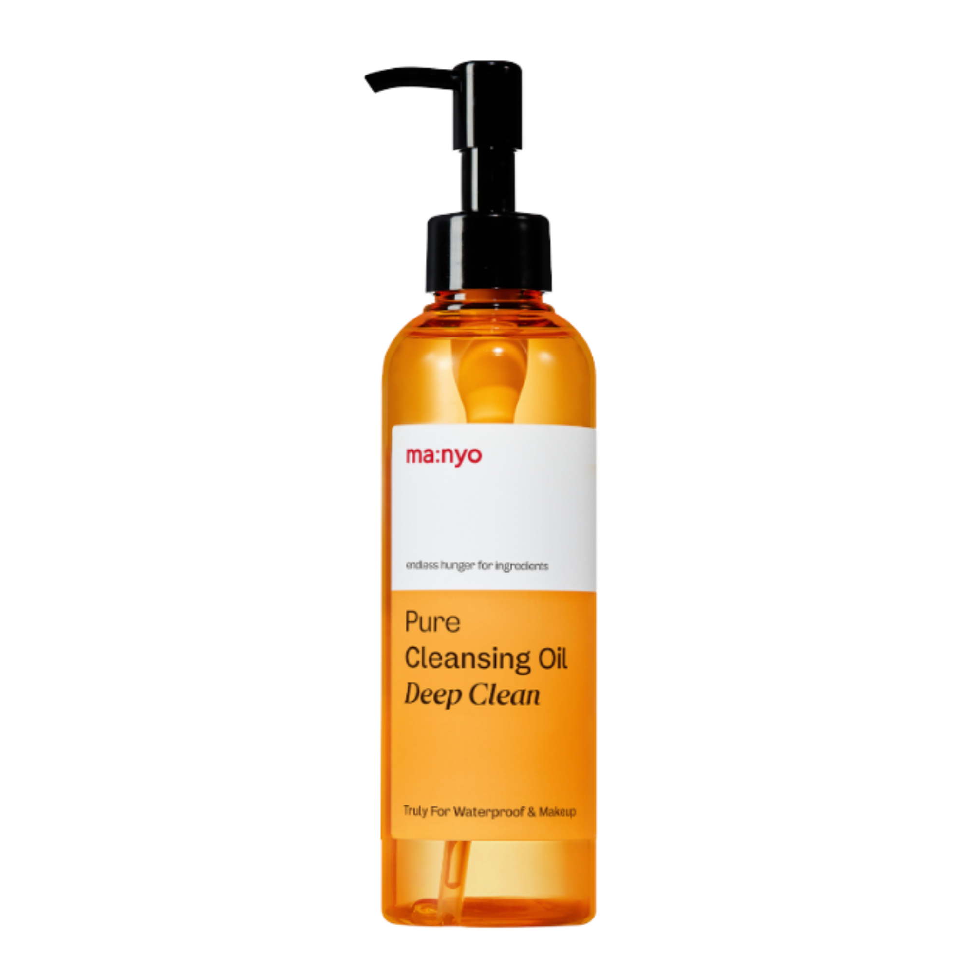 Orange bottle of Manyo Pure Cleansing Oil Deep Cleanser with a pump on a white background