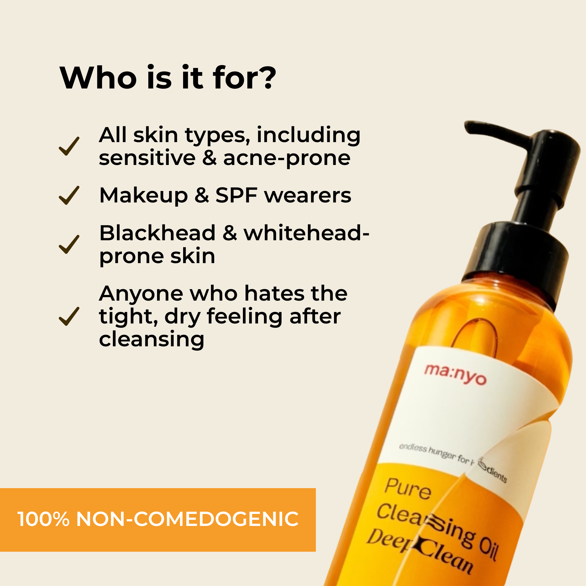 Orange bottle of Manyo  'Pure Cleansing Oil Deep Clean' with text about its uses on a beige background