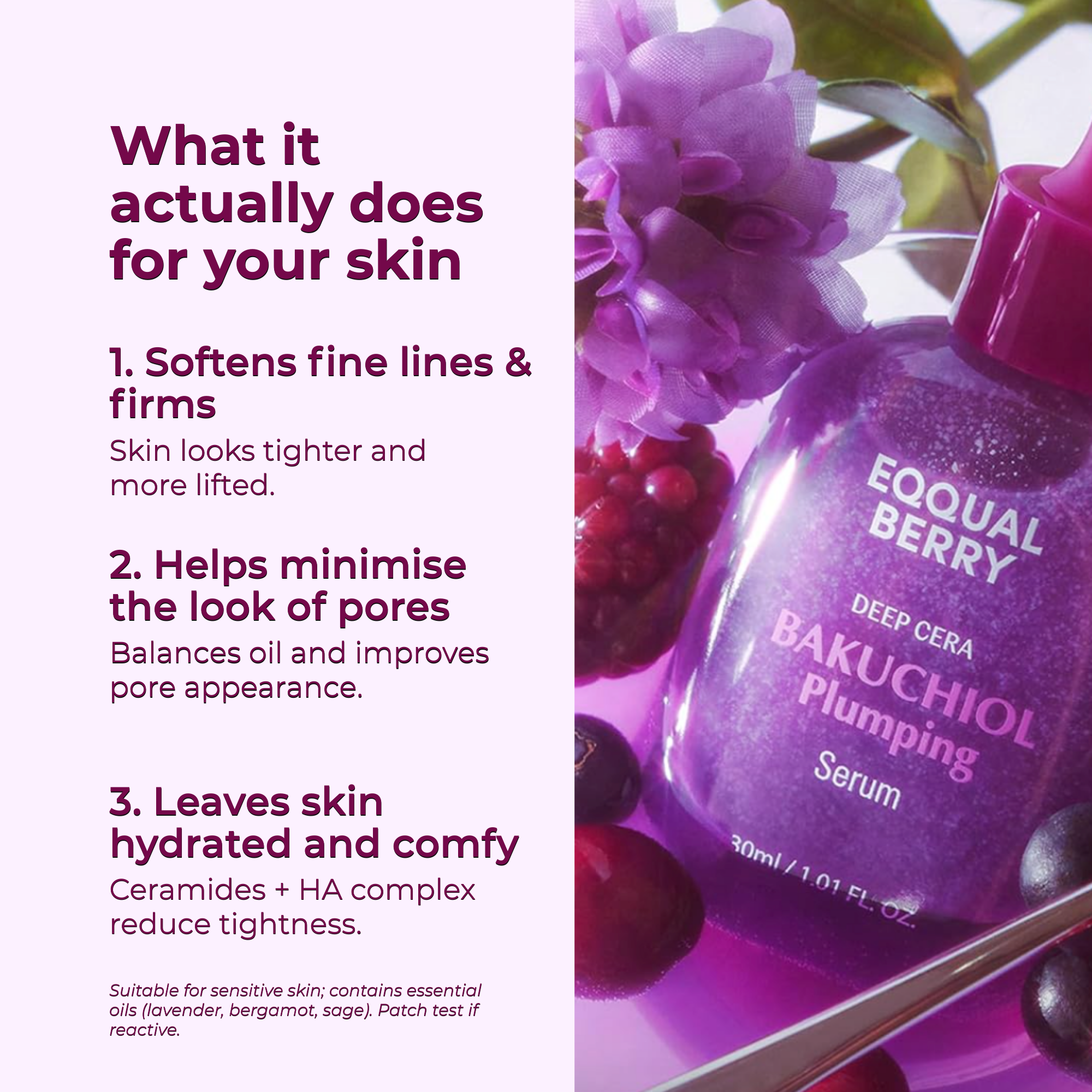 Bakuchiol plumping serum bottle with purple flowers and berries on a white background