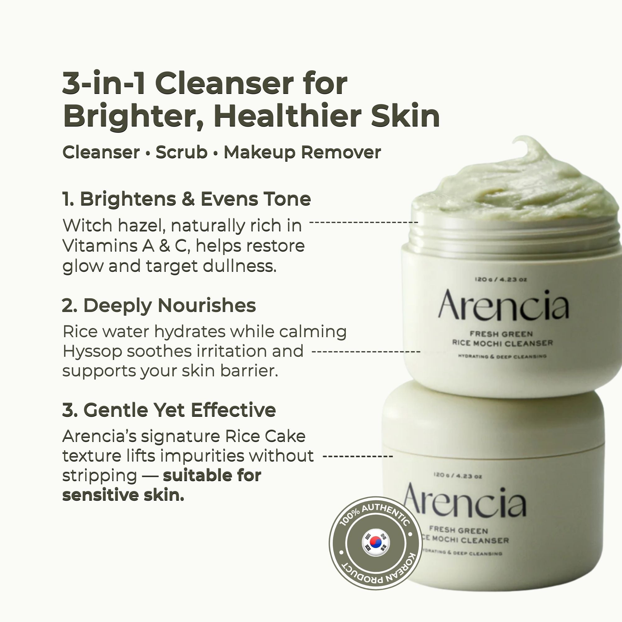 Arencia rice cake cleanser with product details on a white background