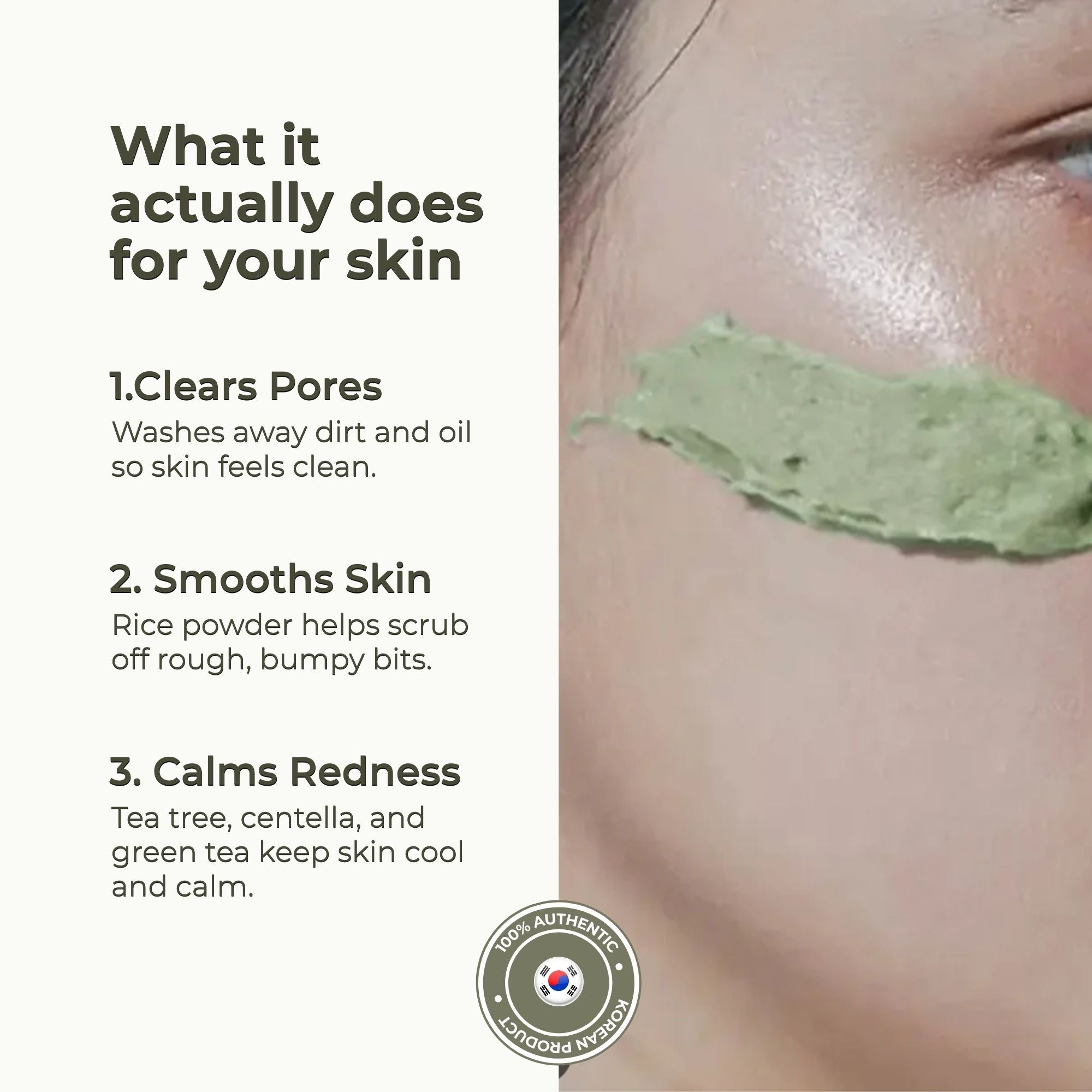 Arencia product application with text on benefits for skin, including pore clearing, skin smoothing, and redness calming.