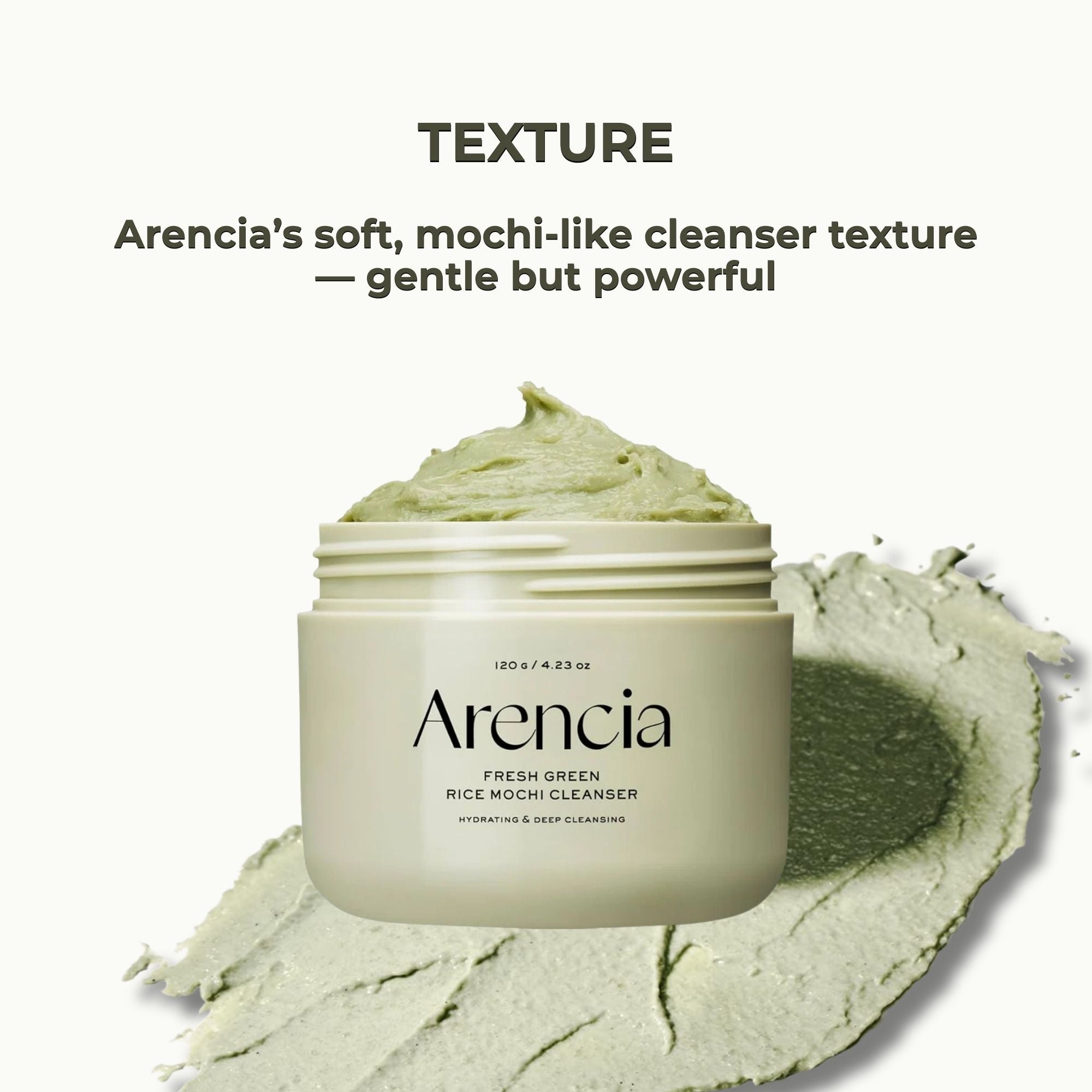 Arencia rice mochi cleanser with green texture on a white background