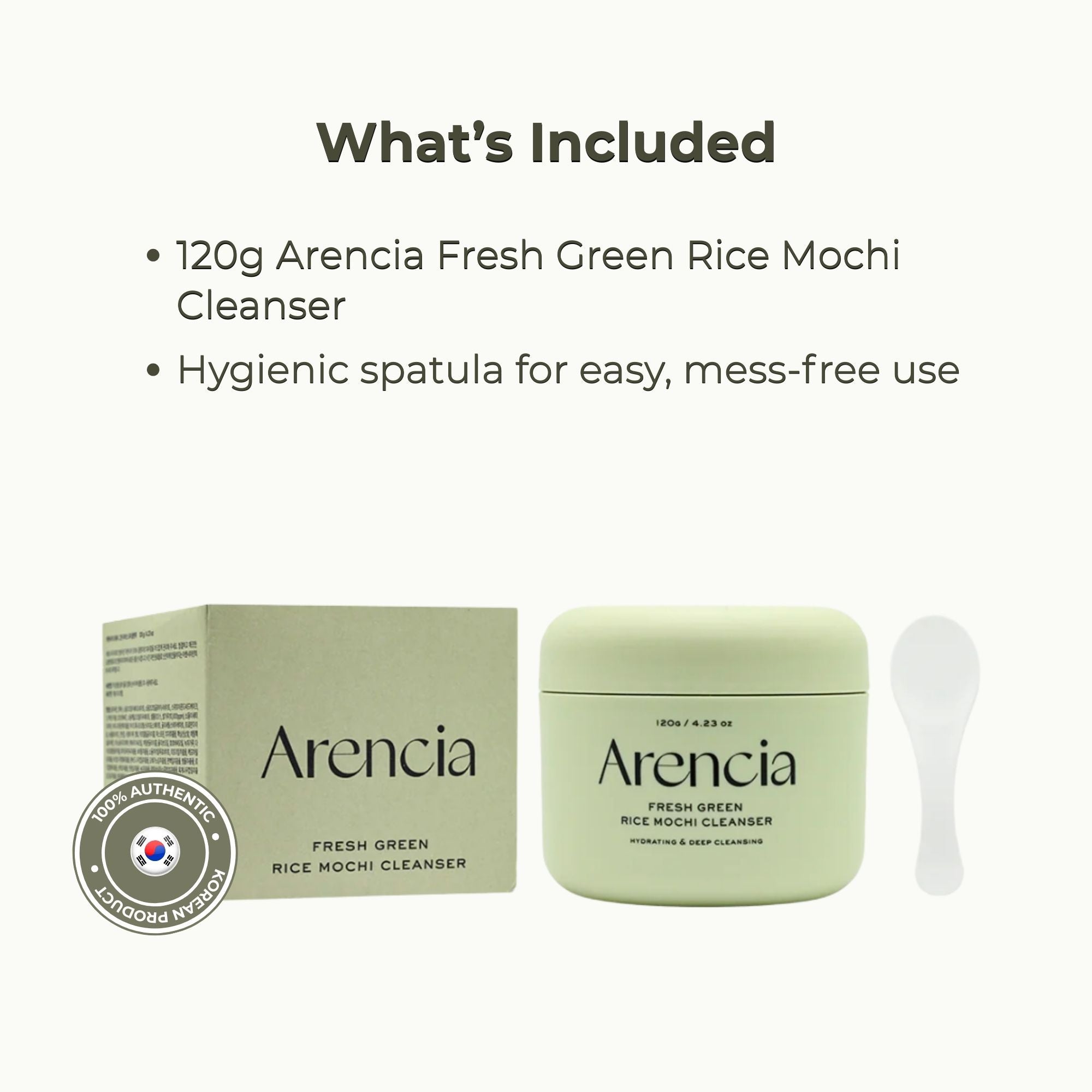 Arencia Fresh Green Rice Mochi Cleanser with packaging and spatula on a white background