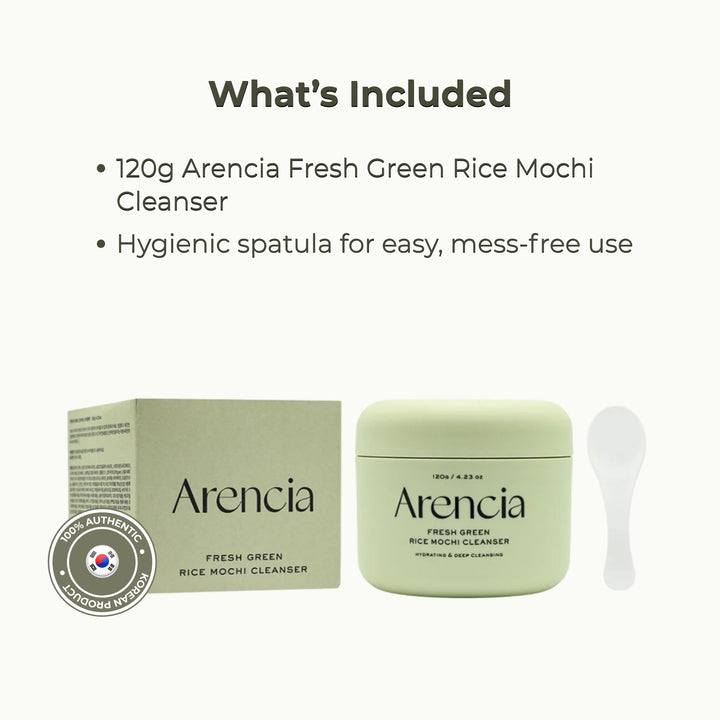 Arencia Fresh Green Rice Mochi Cleanser with packaging and spatula on a white background