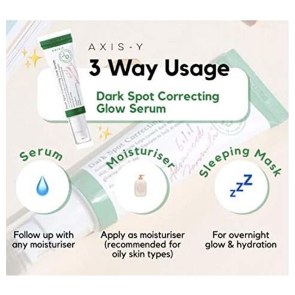 Axis-Y dark spot correcting glow serum packaging with usage instructions on a light background