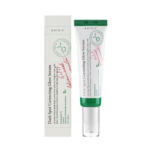 Axis-V Dark Spot Correcting Glow Serum with packaging on a white background