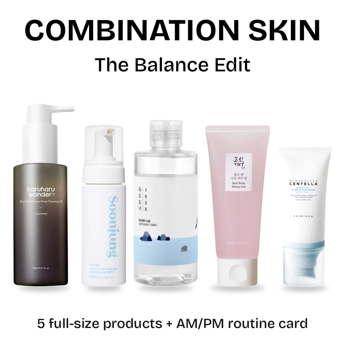 The Balance Edit for combination skin: five full-size Korean skincare products with a printed AM/PM routine card