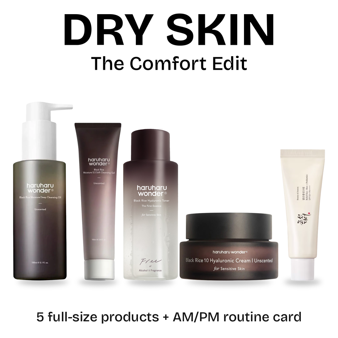 The Comfort Edit for dry skin: five full-size Korean skincare products with a printed AM/PM routine card