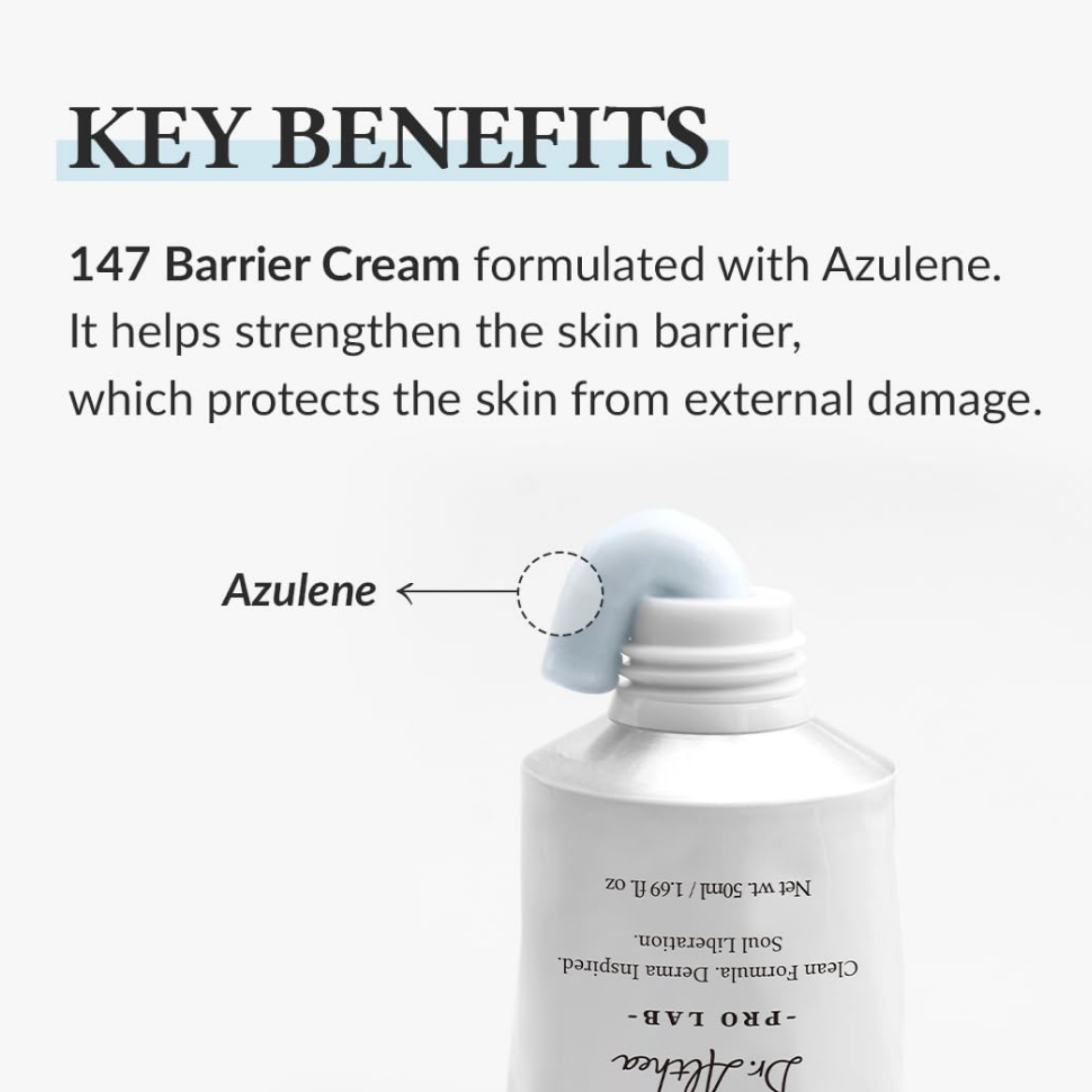 147 Barrier Cream bottle with text explaining key benefits and azulene content.