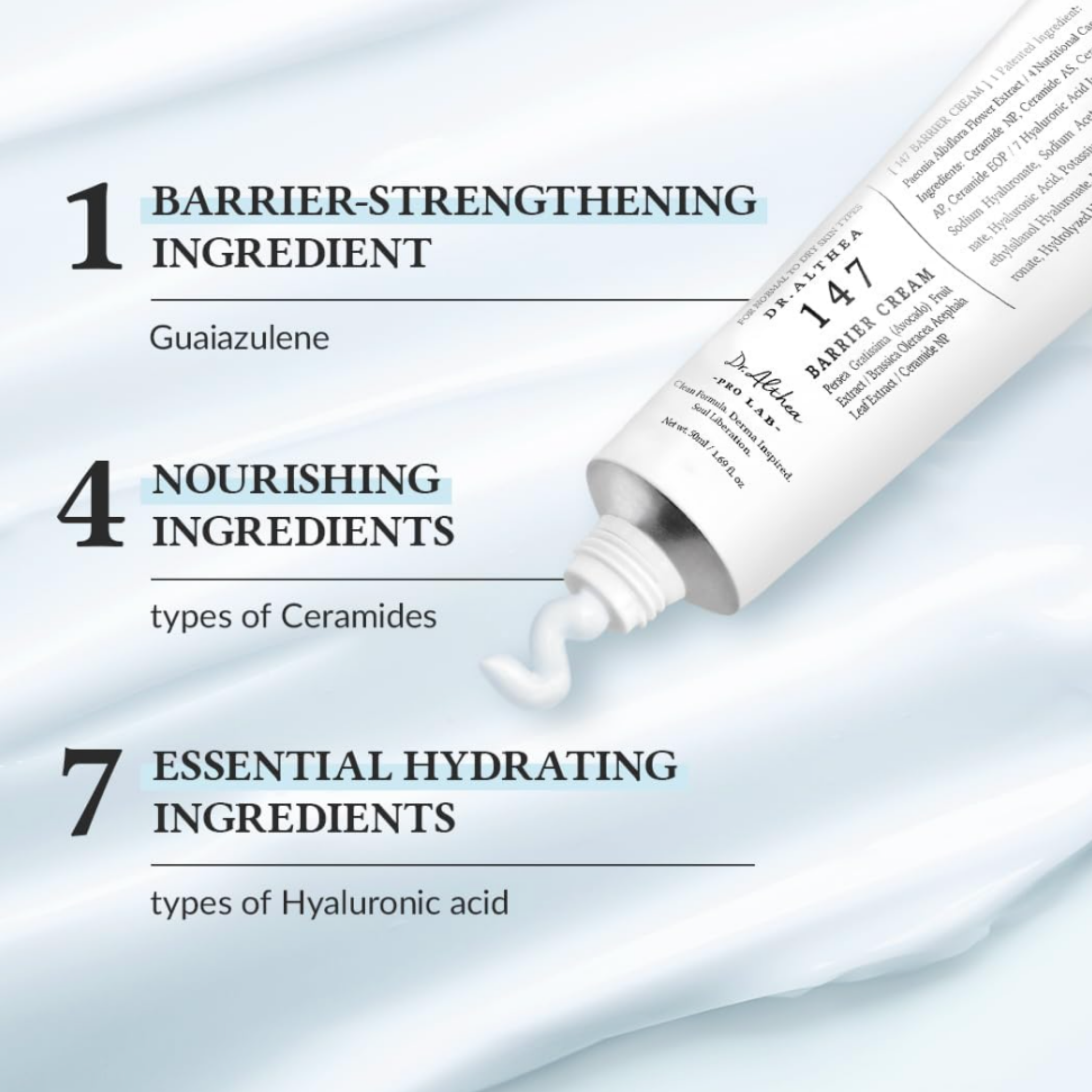 Dr. Althea 147 Barrier Cream with ingredients listed on a light blue background