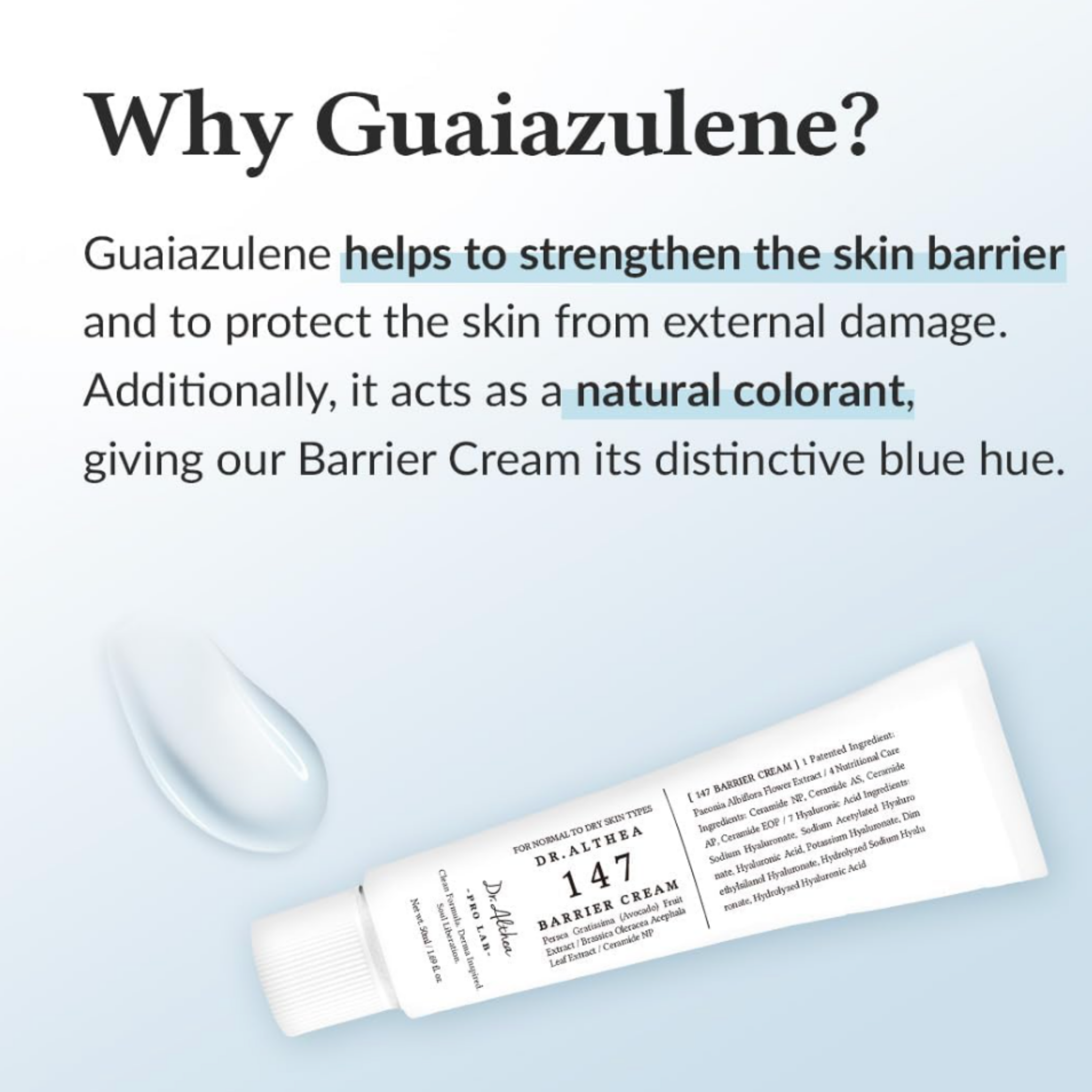 Tube of Dr. Althea 147 Barrier Cream with text explaining guaiazulene's benefits on a light blue background