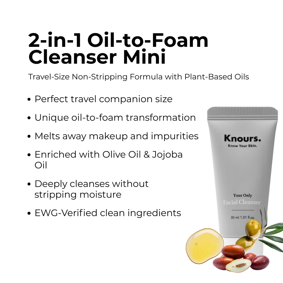 Knours Your Only Mini 2-in-1 Oil-to-Foam Facial Cleanser – Travel Size Non-Stripping Makeup Remover (30ml)