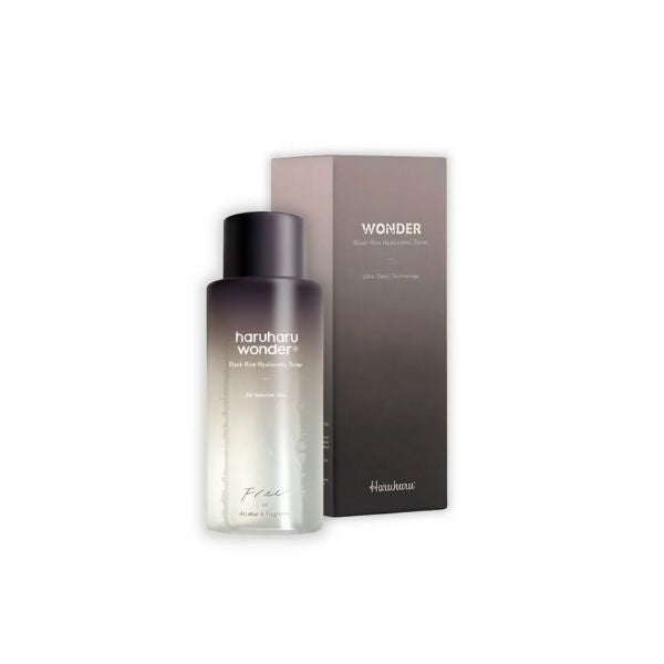 Skincare bottle and packaging with 'haruharu wonder' branding on a white background