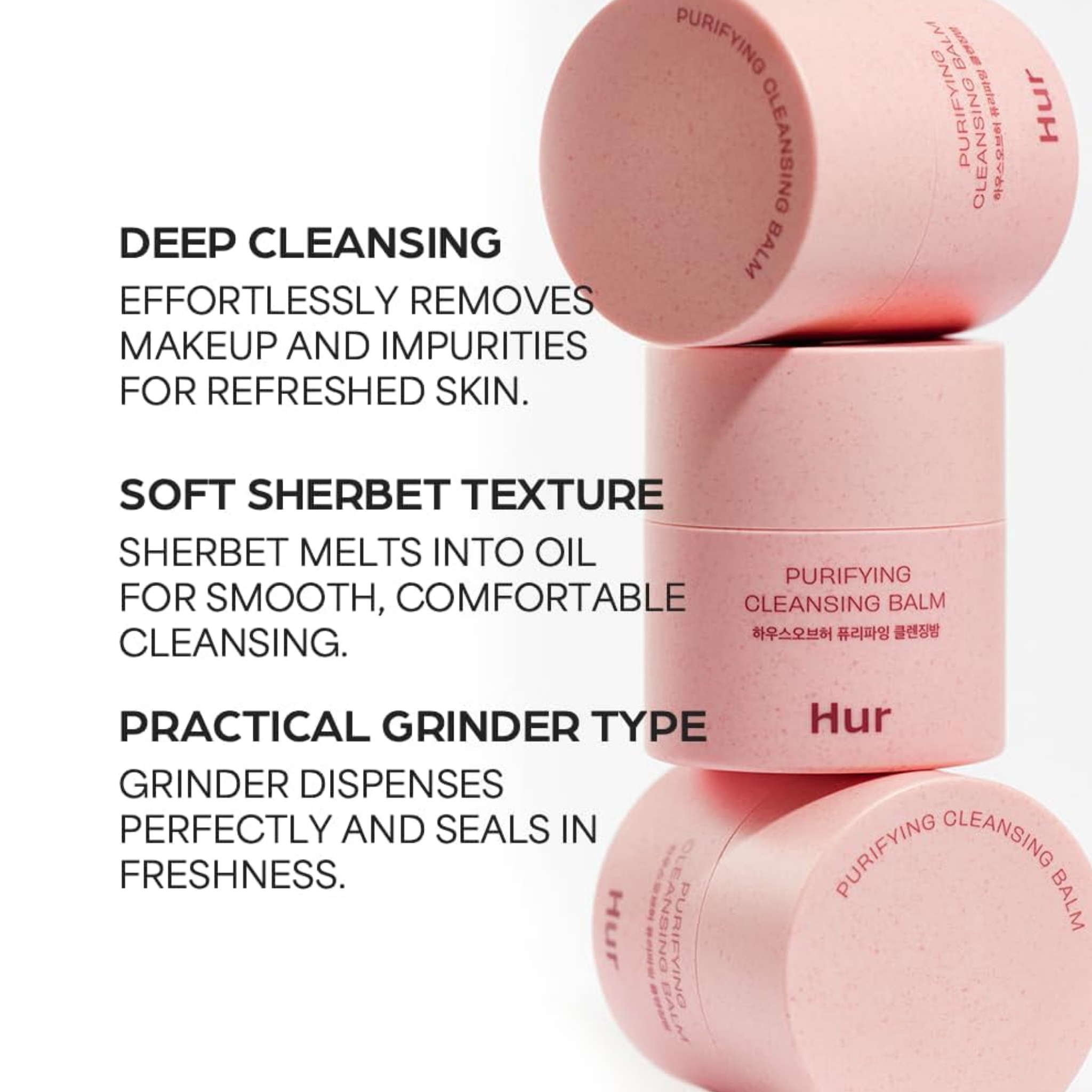 Pink cleansing balm with text describing its features on a white background